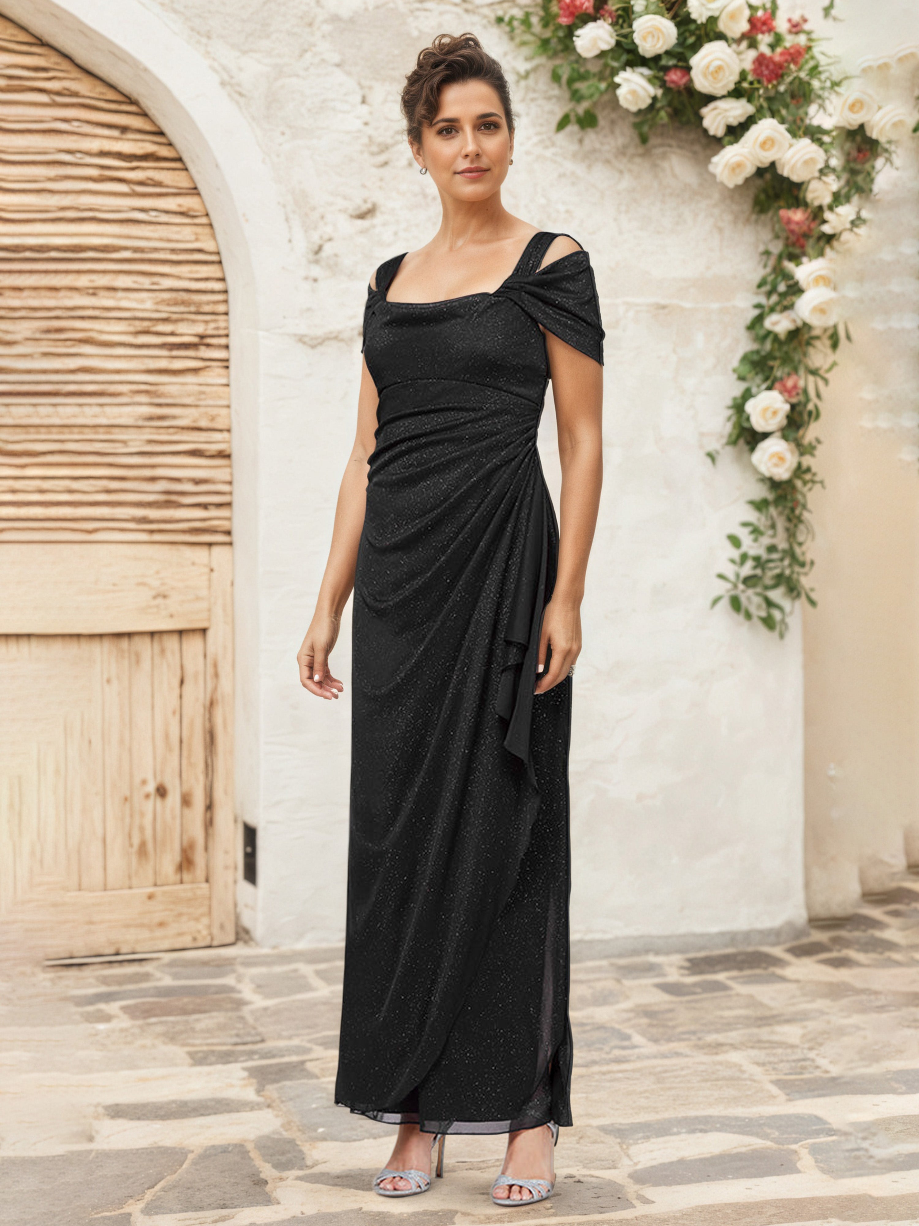 Mother Of The Bride Dress Black Off the Shoulder Glitter Cowl Neckline Ruffles Mother Of The Bride Dresses Mother Of The Bride Dress Black Off the Shoulder Glitter Cowl Neckline Ruffles Mother Of The Bride Dresses