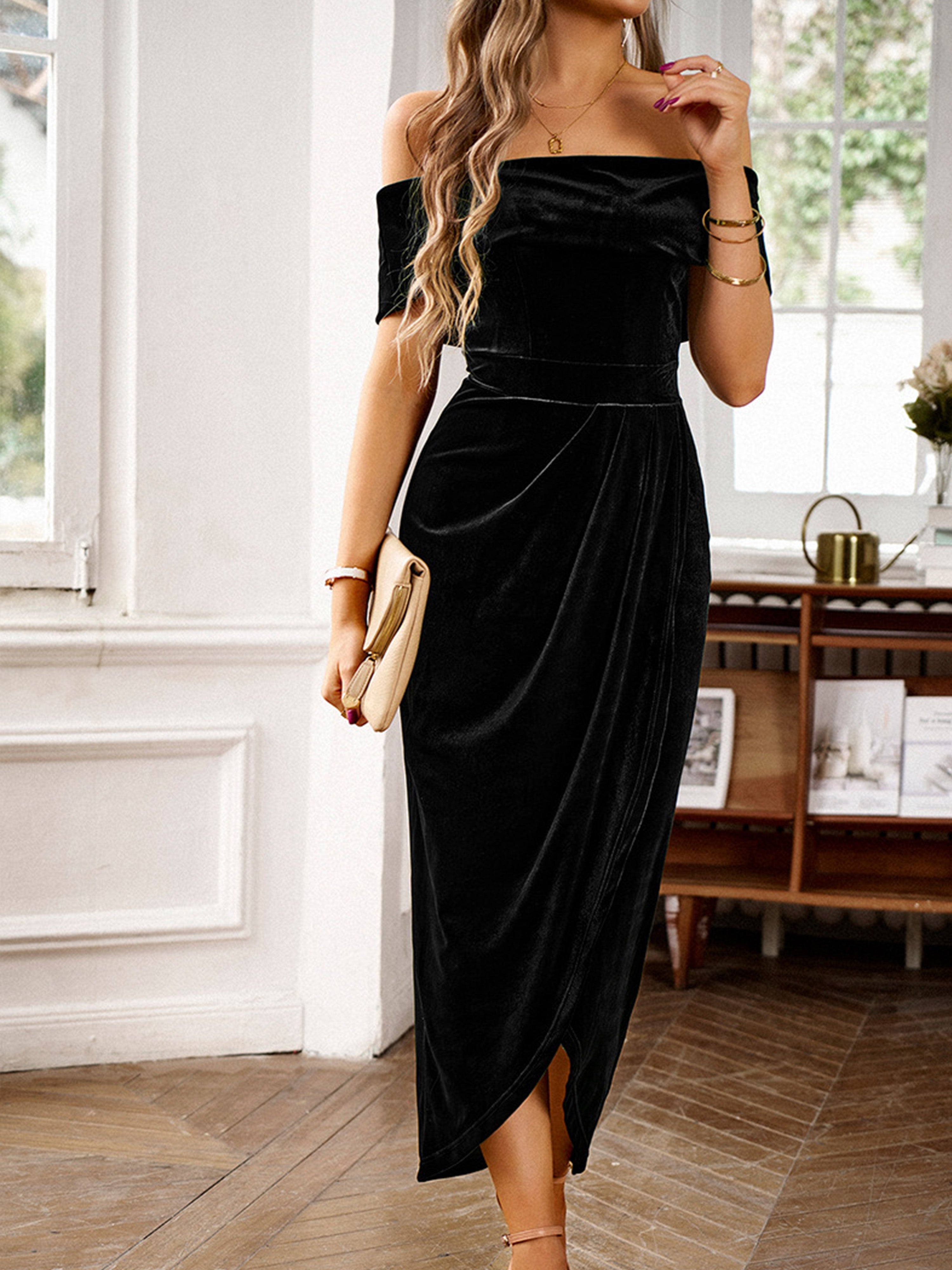 Brown Off The Shoulder Strapless Maxi Velvet Wedding Guest Dress