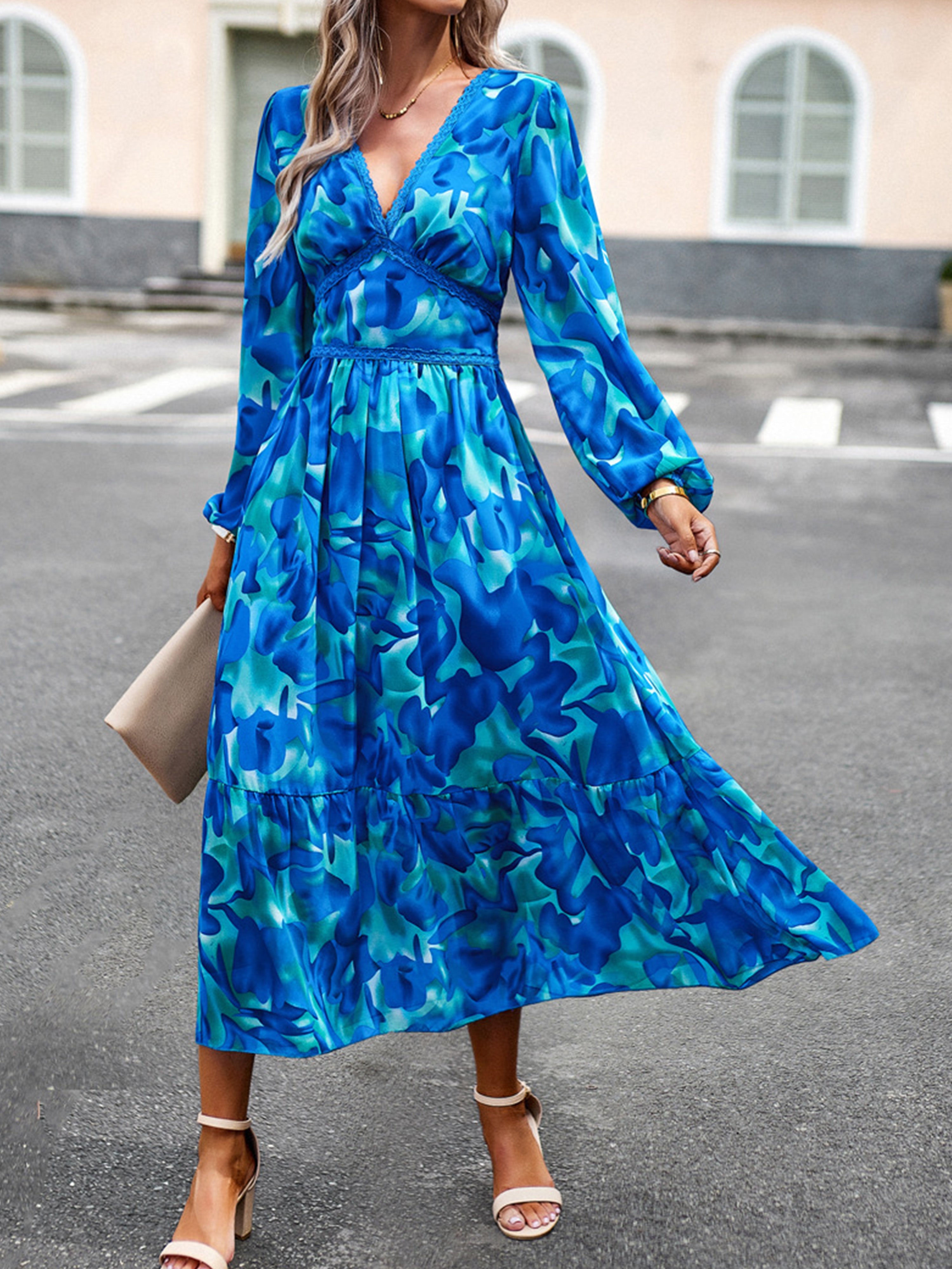 Blue Elegant A Line V Neck Long Sleeves Floral Printed Wedding Guest Dress, Blue / L Blue Elegant A Line V Neck Long Sleeves Floral Printed Wedding Guest Dress, Blue / L