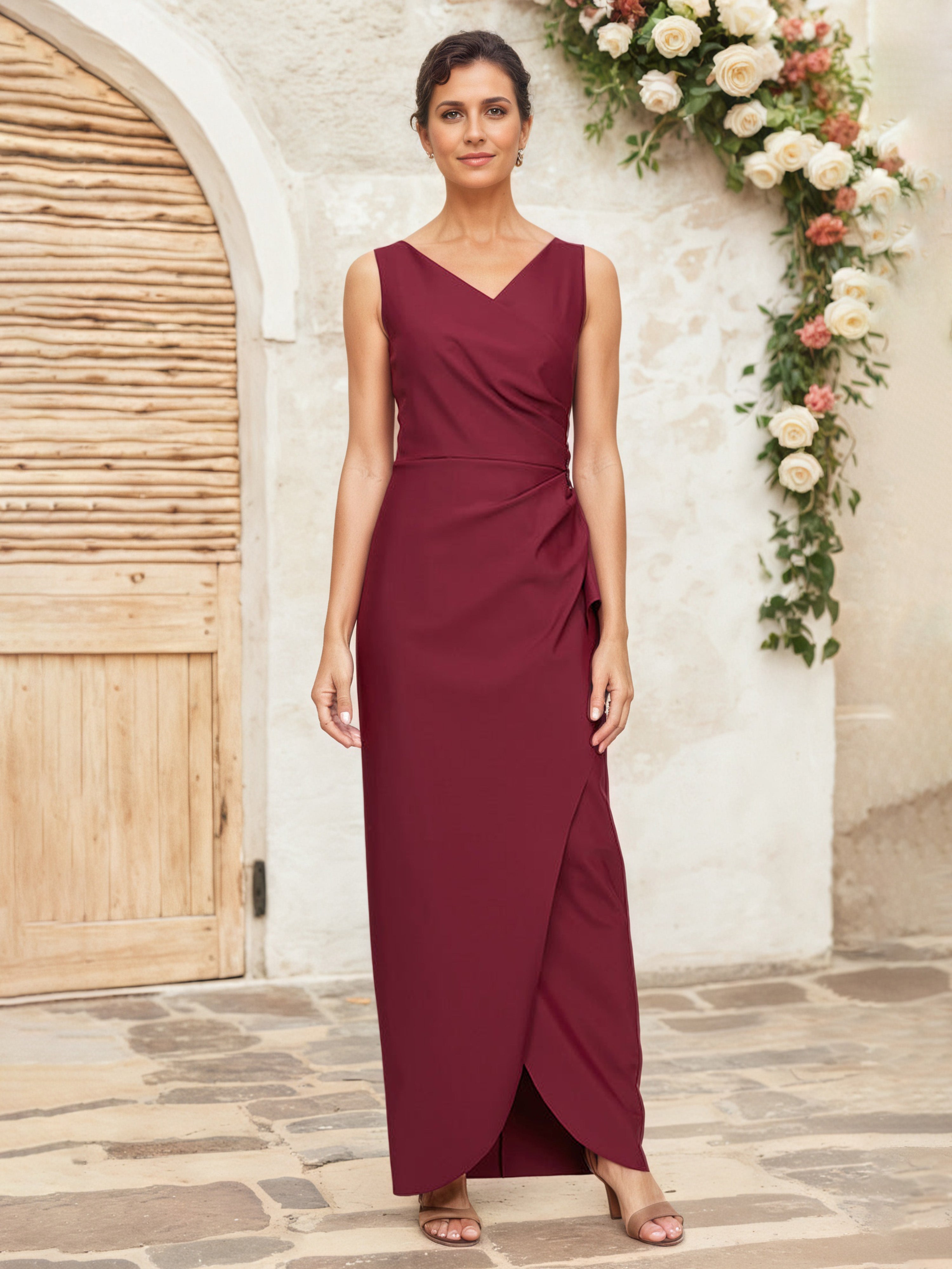 Burgundy Mother Of The Bride Dress Sheath/Column Sleeveless V Neck Long Mother Of The Bride Dress Burgundy Mother Of The Bride Dress Sheath/Column Sleeveless V Neck Long Mother Of The Bride Dress
