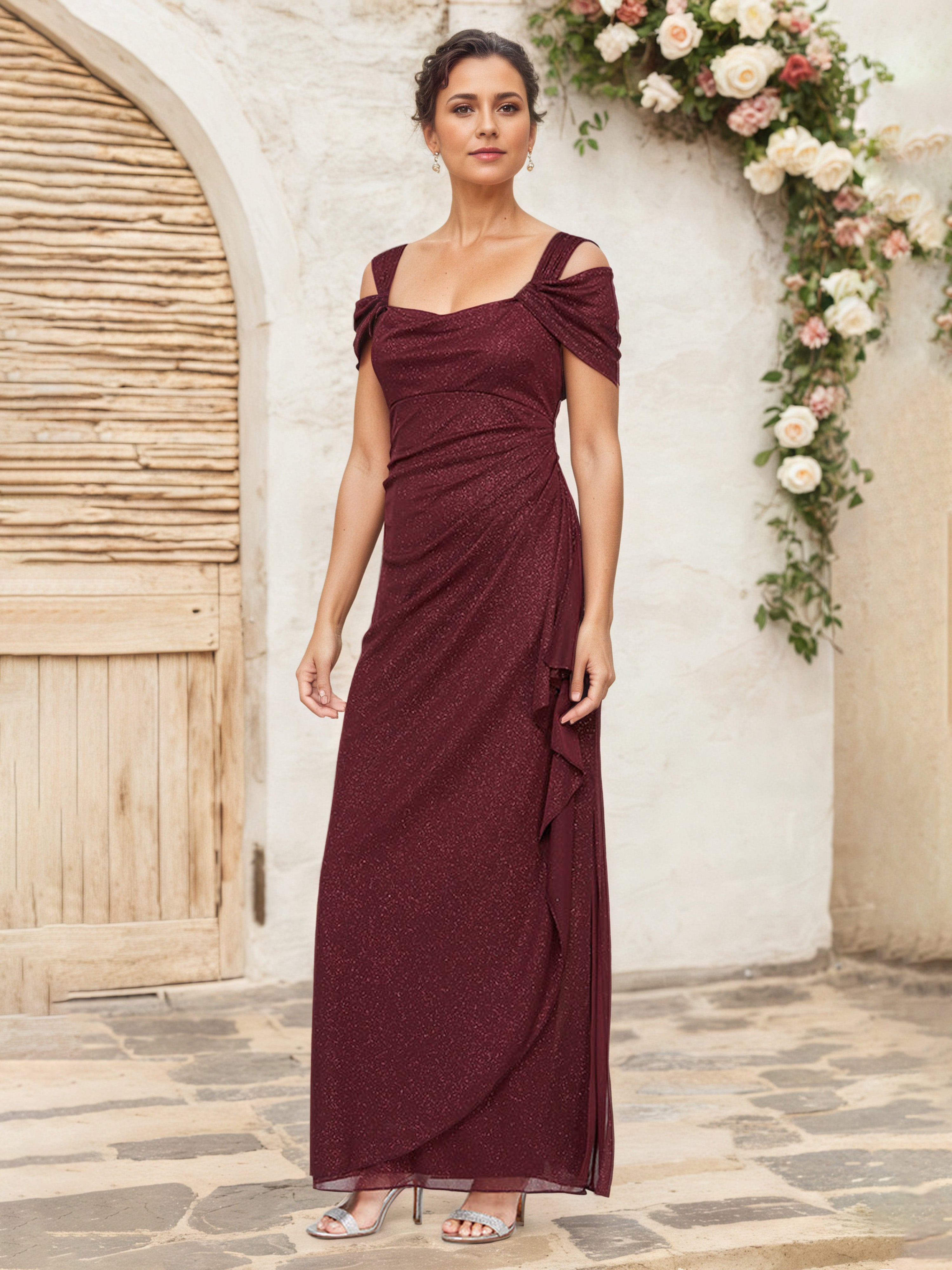 Burgundy Mother Of The Bride Dresses Off The Shoulder Glitter Cowl Neckline Ruffles Mother Of The Bride Dresses Burgundy Mother Of The Bride Dresses Off The Shoulder Glitter Cowl Neckline Ruffles Mother Of The Bride Dresses