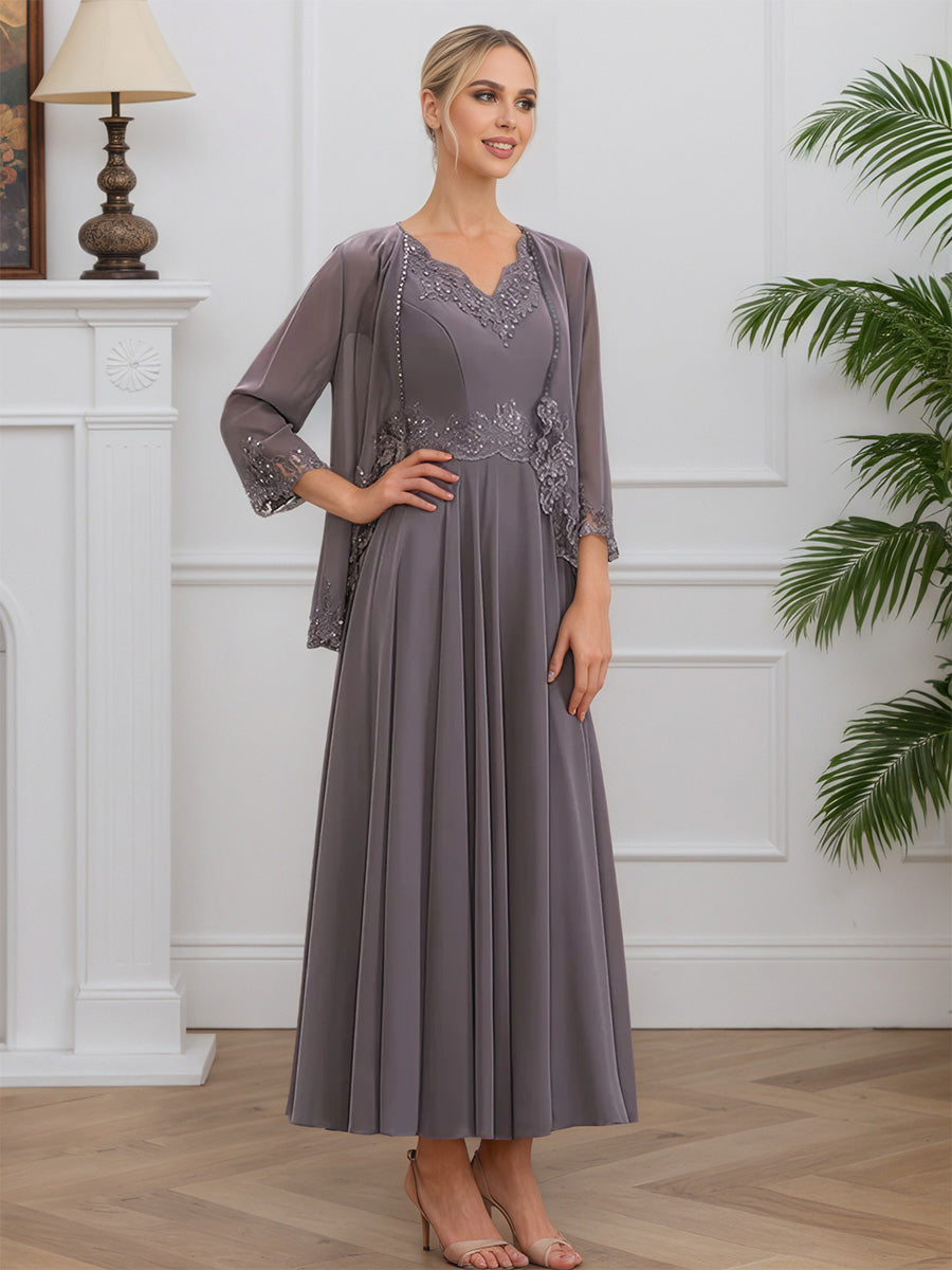 Cicinia Dusk Mother Of The Bride Dress With Jacket Short Chiffon Lace Beaded Ankle Length
