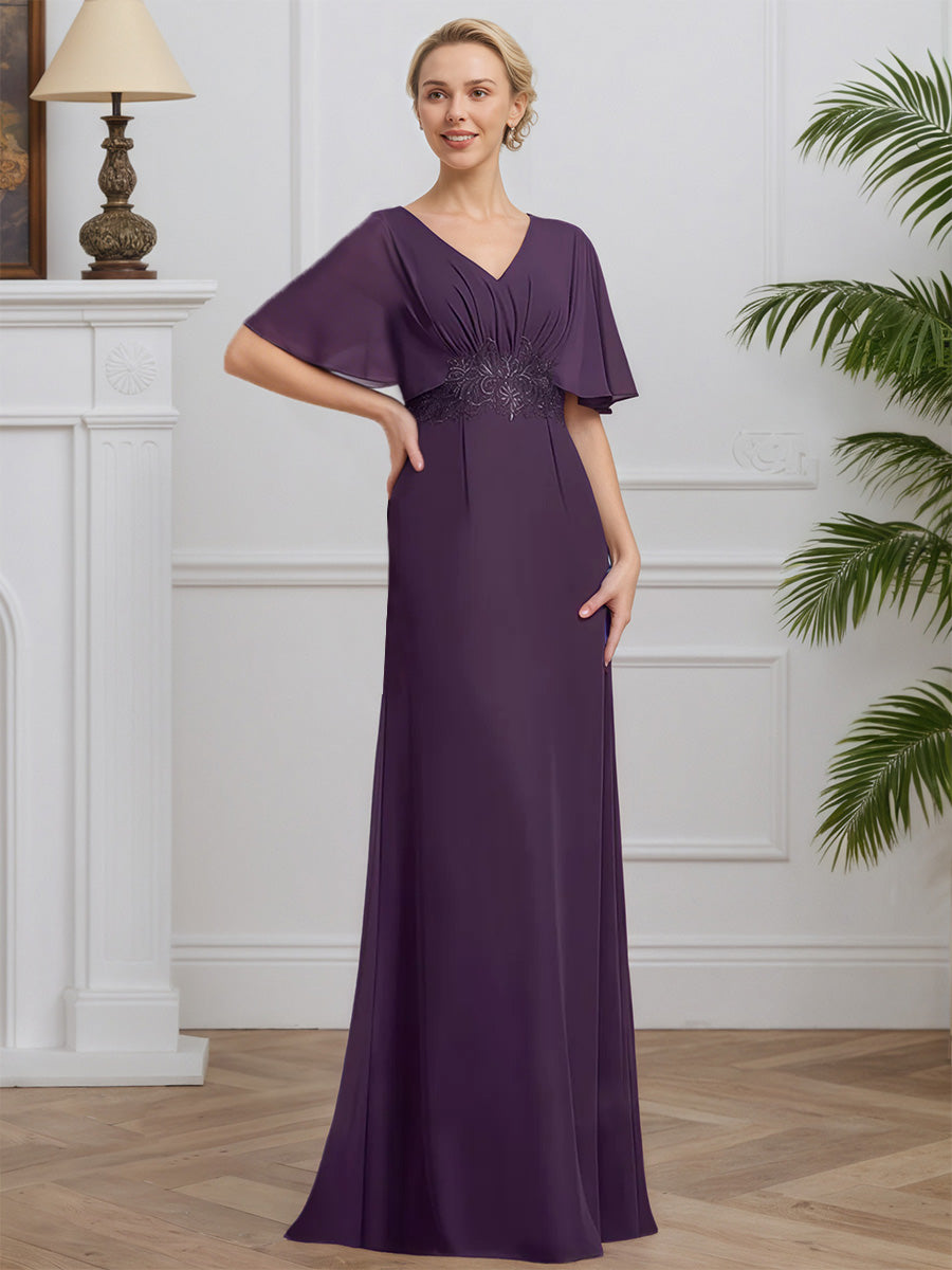 Cicinia Plum Mother Of The Bride Dress Long Chiffon Lace A-line V-neck