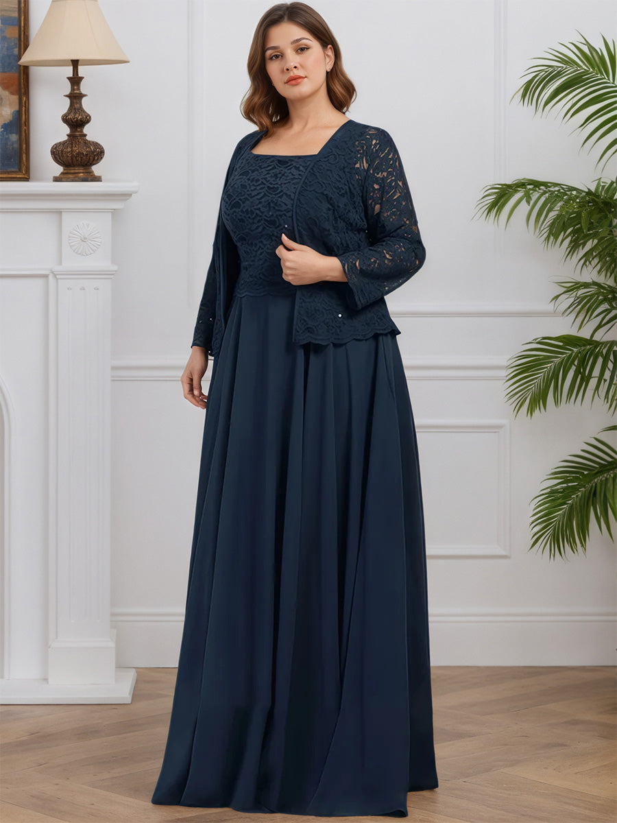 Cicinia Dark Navy Mother Of The Bride Dress With Jacket Long Chiffon Lace A-line Floor Length Plus Size