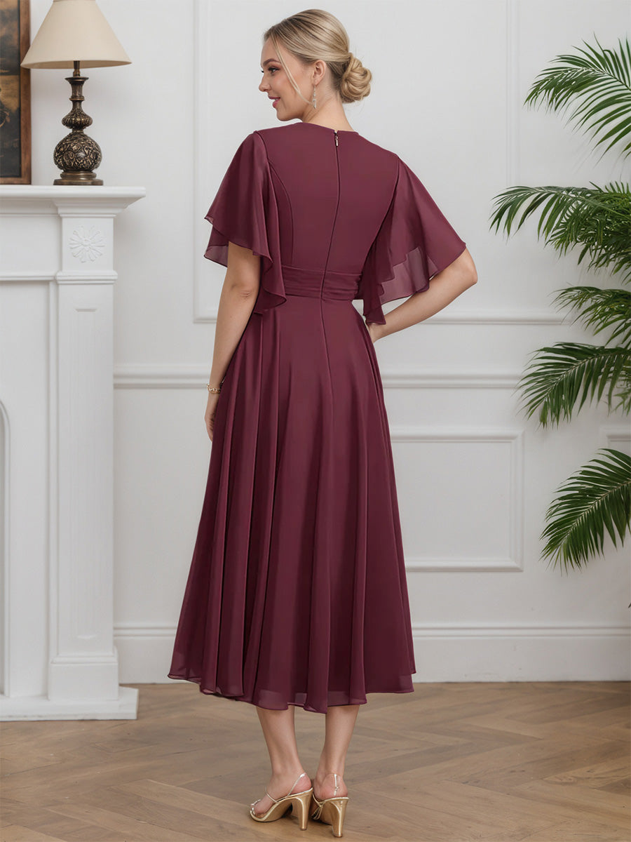 Cicinia Mulberry Mother Of The Bride Dress Long Chiffon A-line Short Sleeves Tea Length