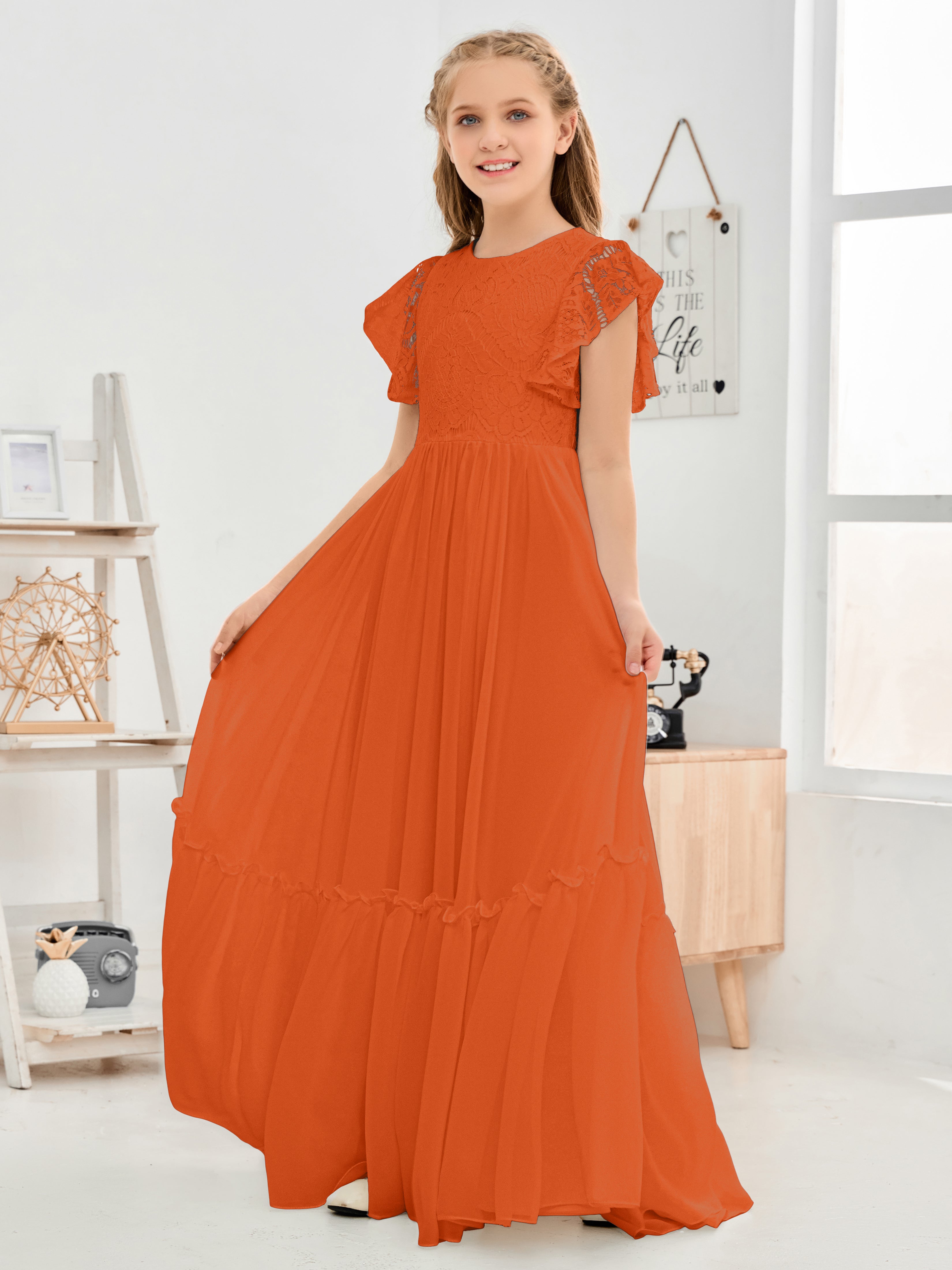 Cap Sleeves A Line Lace Top Junior Chiffon Bridesmaid Dress