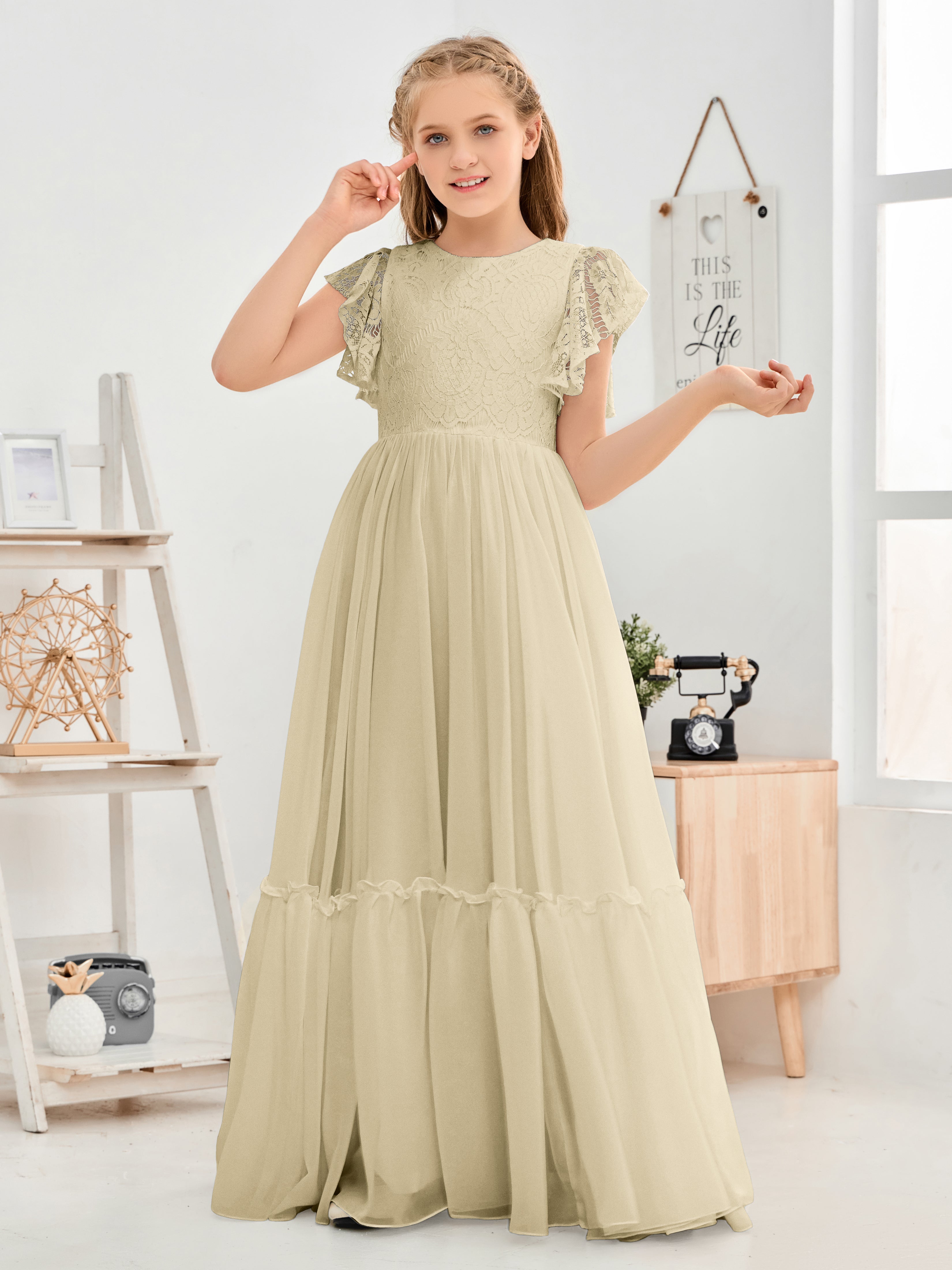 Cap Sleeves A Line Lace Top Junior Chiffon Bridesmaid Dress, Champagne Cap Sleeves A Line Lace Top Junior Chiffon Bridesmaid Dress, Champagne
