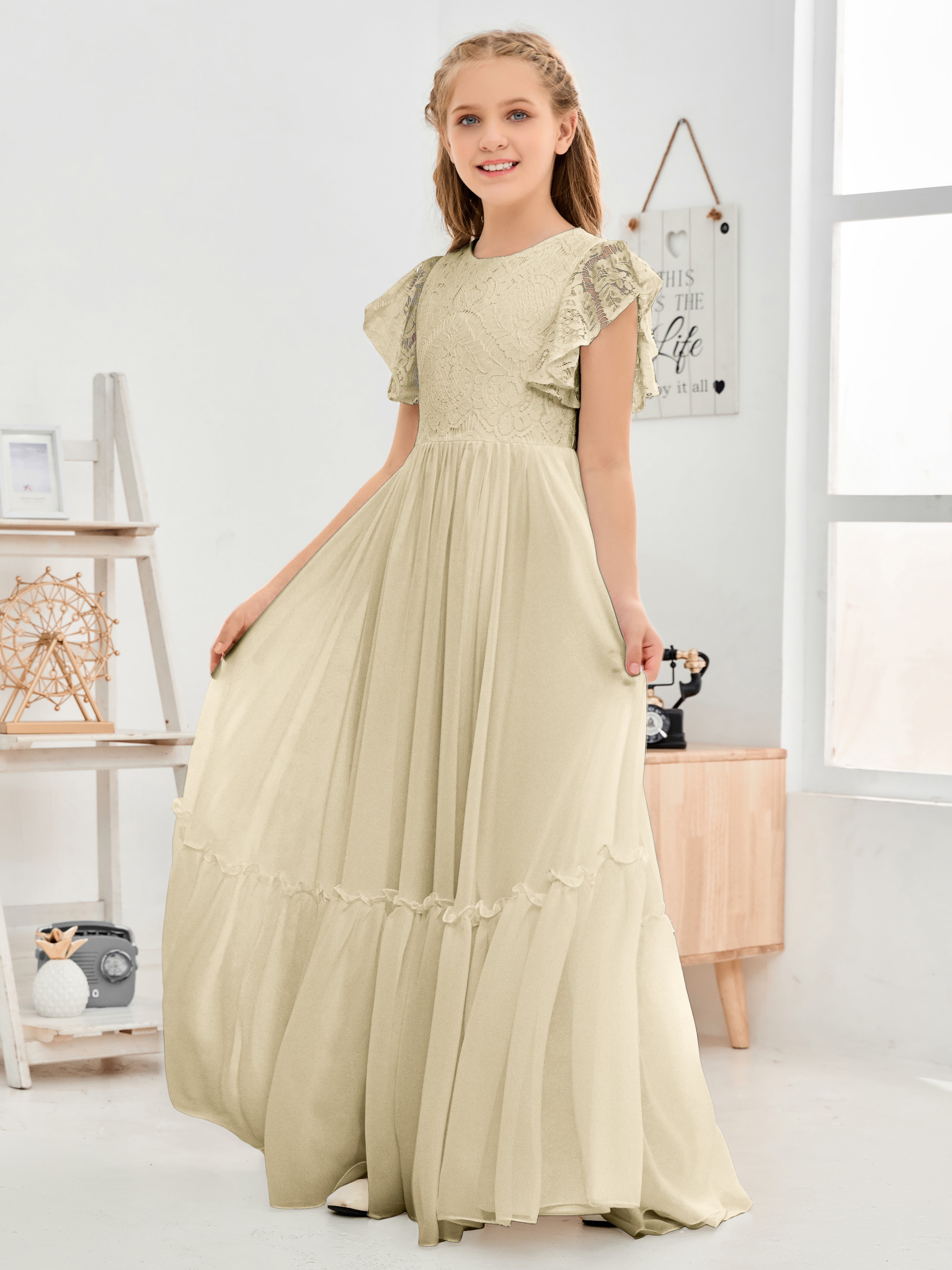 Cap Sleeves A Line Lace Top Junior Chiffon Bridesmaid Dress