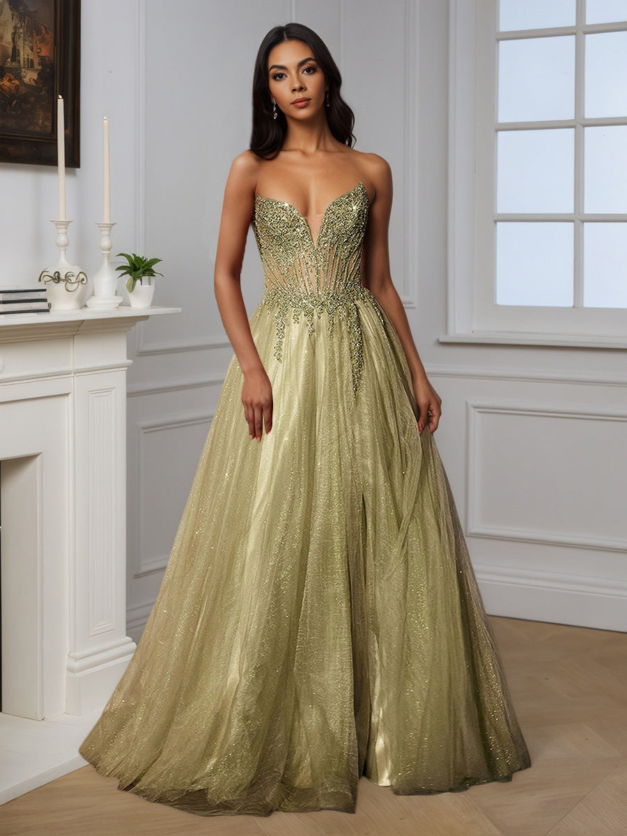 Cicinia Sage Prom Dresses Long Glitter Tulle A-Line Party Dress Cicinia Sage Prom Dresses Long Glitter Tulle A-Line Party Dress