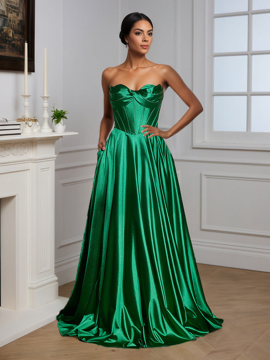 green prom dresses strapless Hunter Green Sweetheart Strapless Slit A-line Prom Dresses.PD00280   AlineBridal