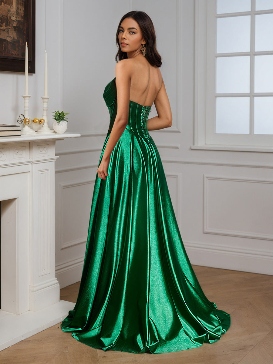 Cicinia Green Prom Dresses Long Soft Satin Slit Strapless Evening Dress