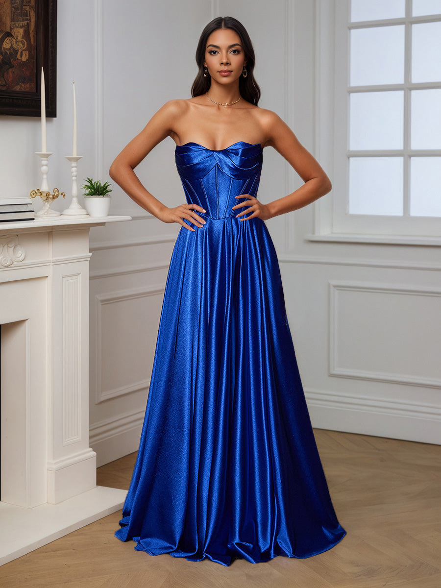 Cicinia Royal Blue Prom Dresses Long Soft Satin Slit Strapless Evening
