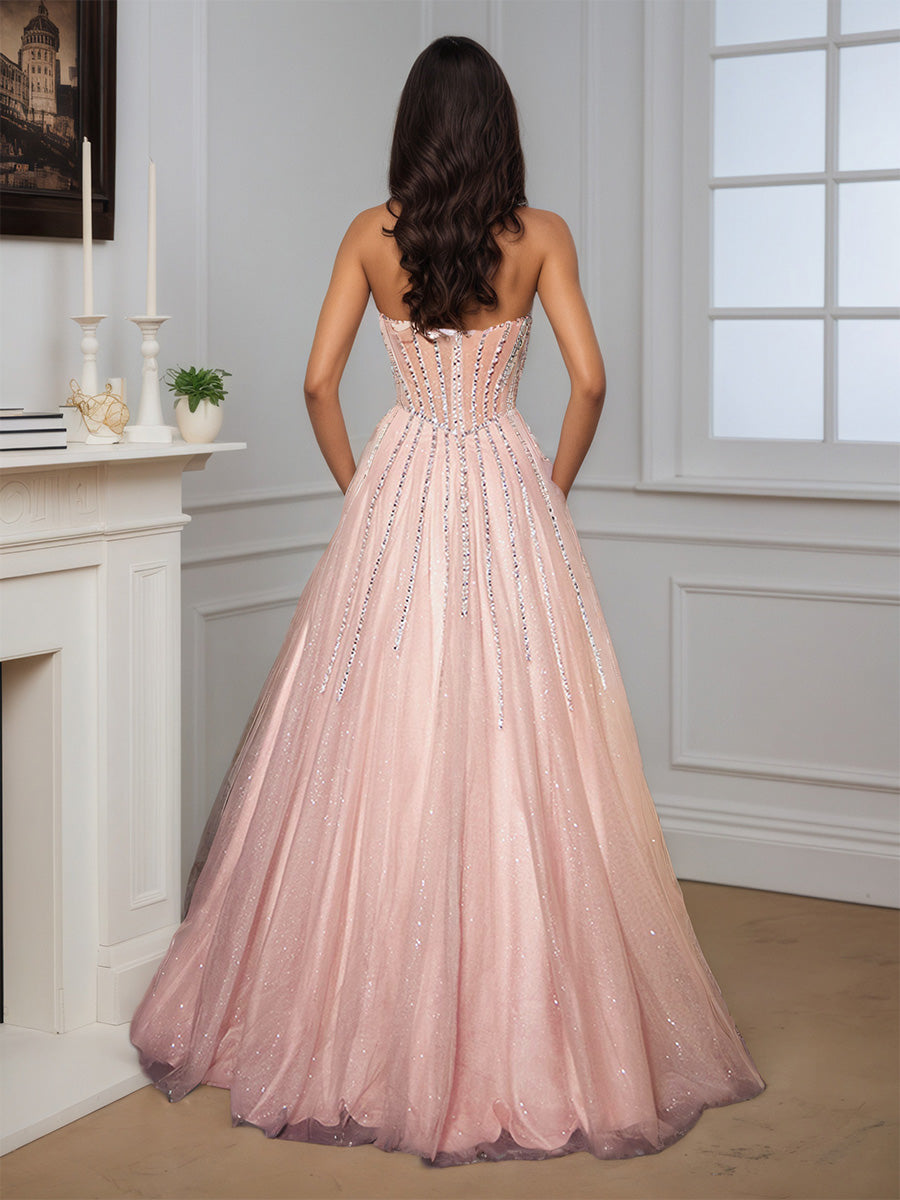 Beautiful A-line Strapless Floor Length Long Beaded Prom Dress