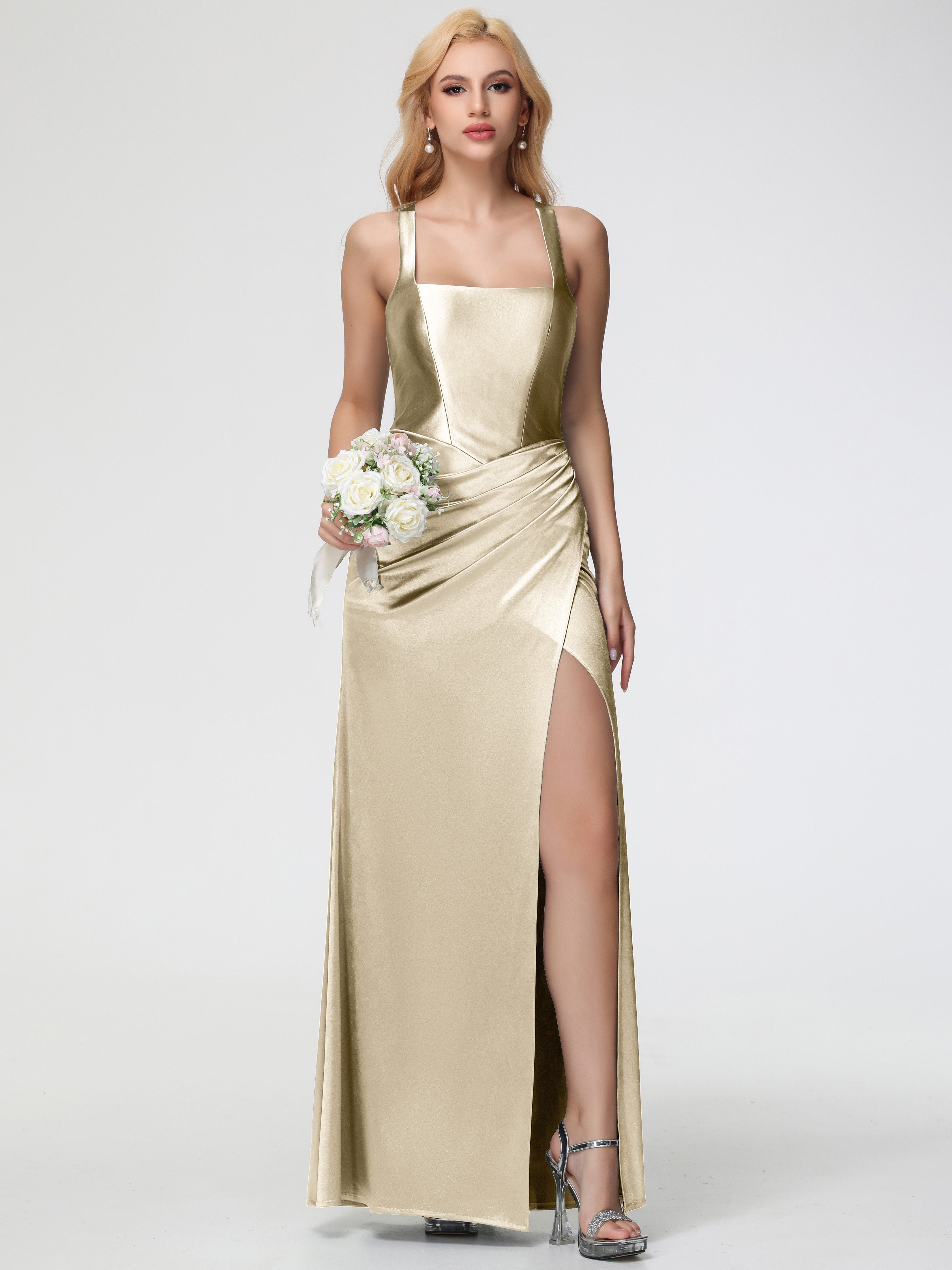 Champagne Stretch Satin Formal Dress Straps Ruched Floor Length Sheath Formal Dress with Slit Champagne Stretch Satin Formal Dress Straps Ruched Floor Length Sheath Formal Dress with Slit
