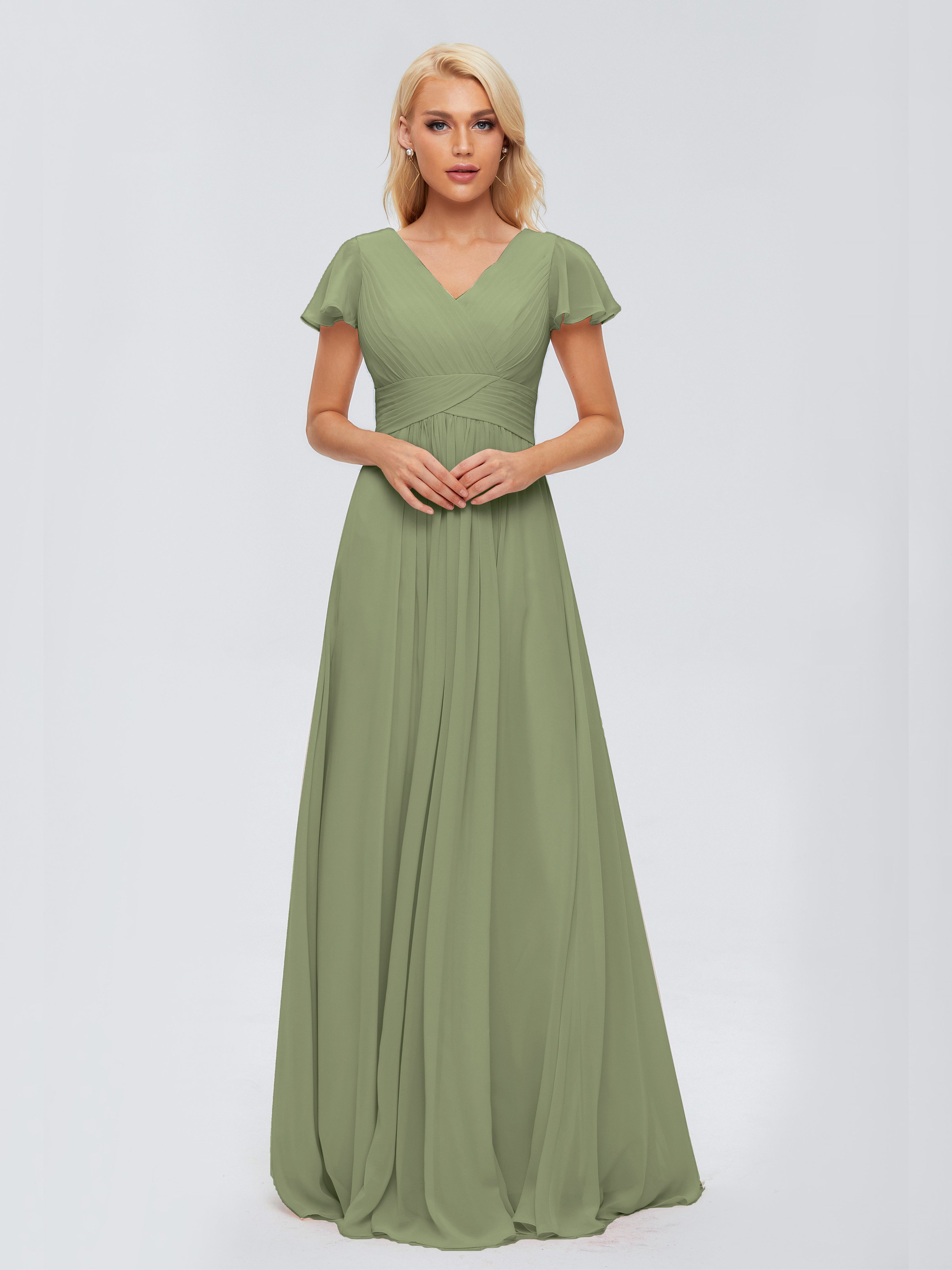 olive green bridesmaid dresses chiffon Elegant Chiffon Olive Green Bridesmaid Dress, Lantern Sleeve Asymmetrical Hem, Semi-Formal Wedding Guest Dress For Autumn