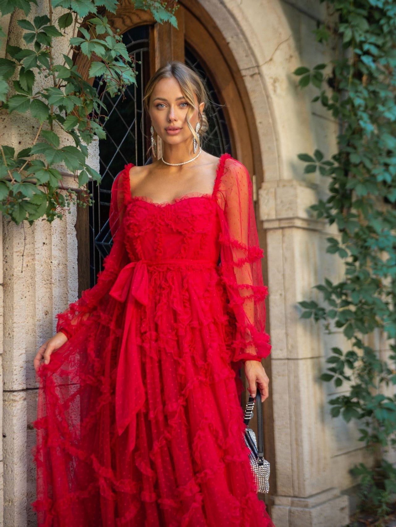 Red Chic Polka Dot Tulle Long Sleeve Sweetheart with Bowknot Maxi Formal Dress, Red / M