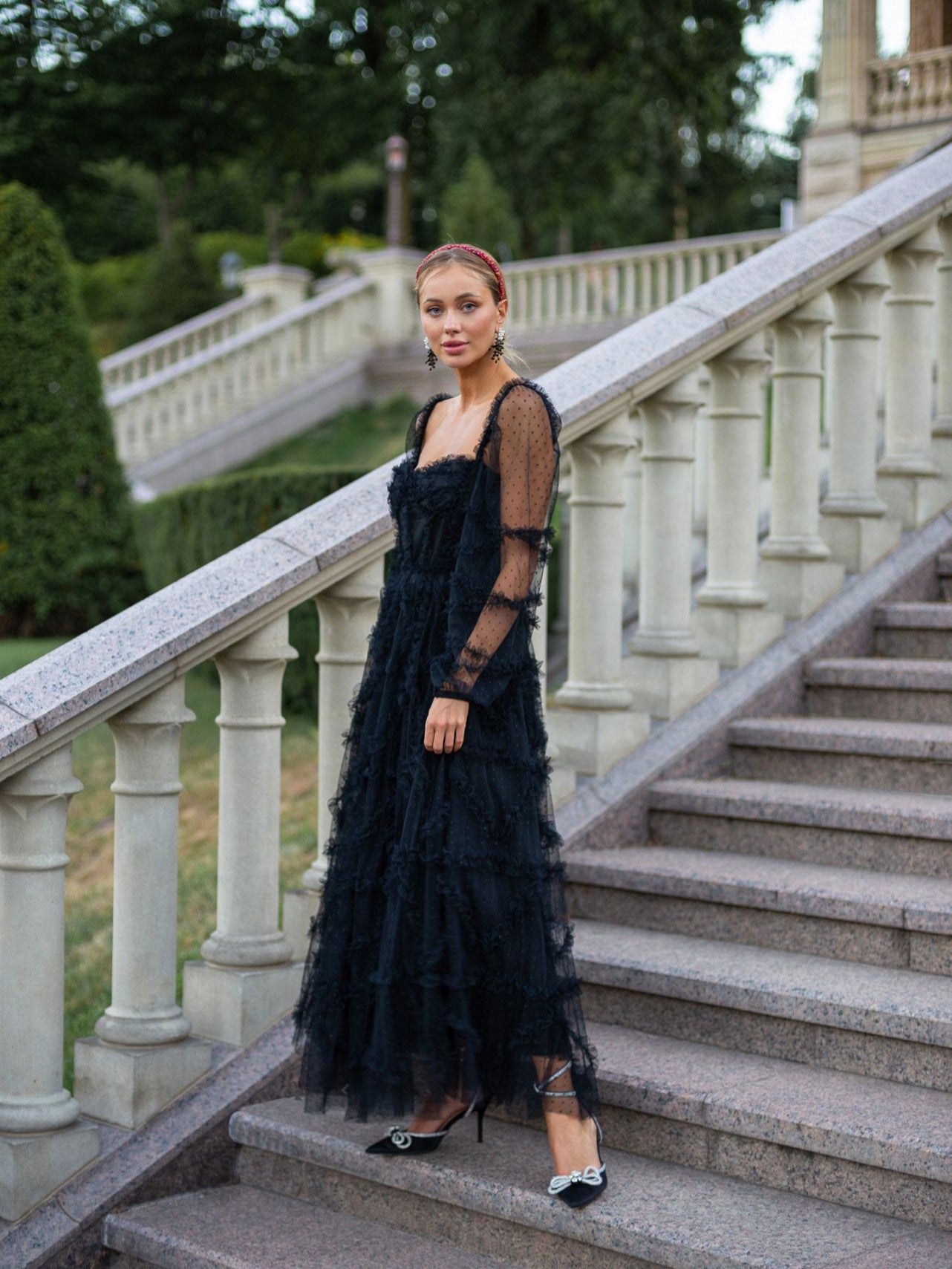 Black Polka Dot Tulle Long Sleeve Sweetheart with Bowknot Maxi Prom Dress, Black / S Black Polka Dot Tulle Long Sleeve Sweetheart with Bowknot Maxi Prom Dress, Black / S