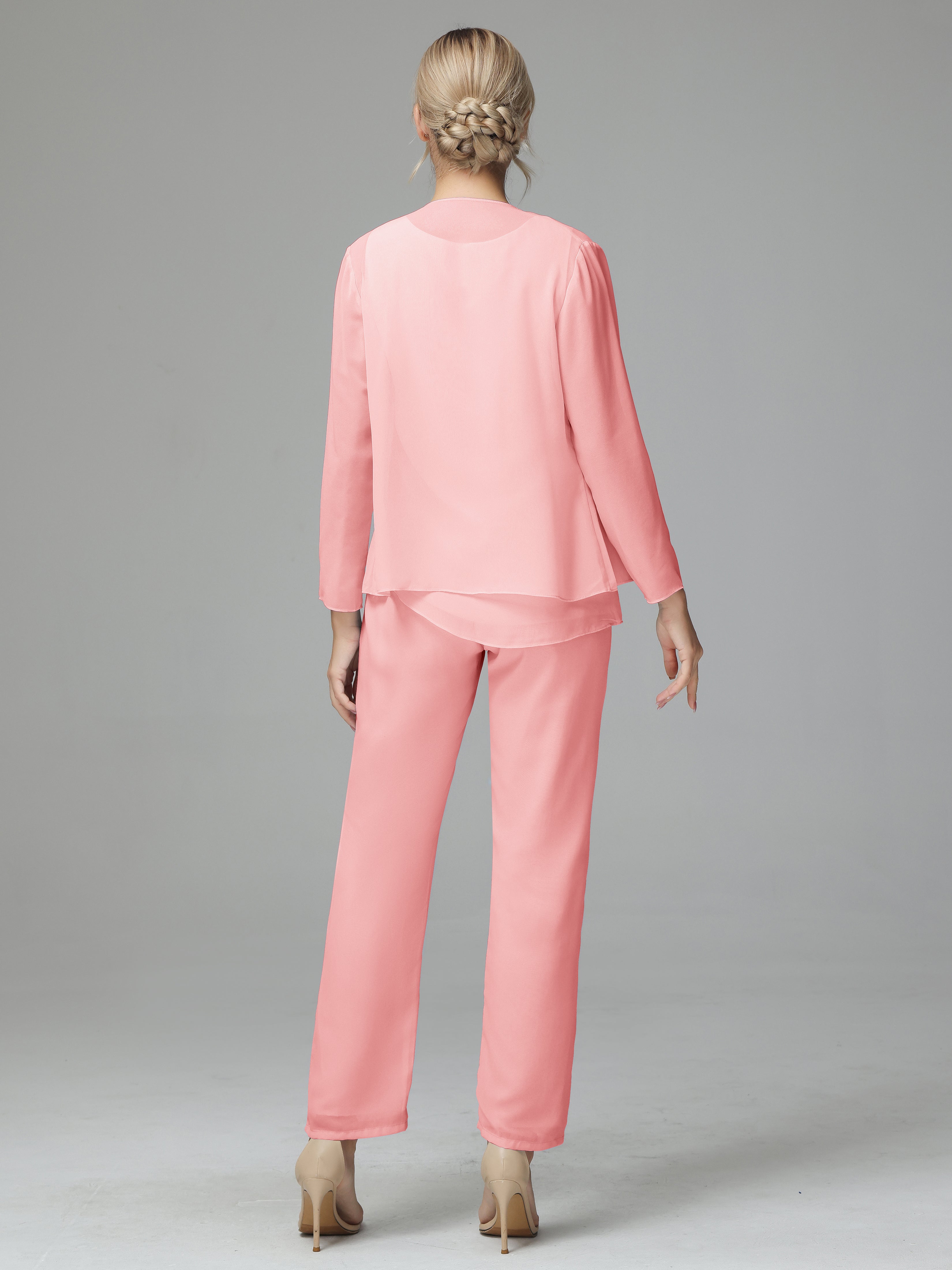 Chiffon Long Sleeves 3 Pieces Mother Of The Bride Dress Pants Suits