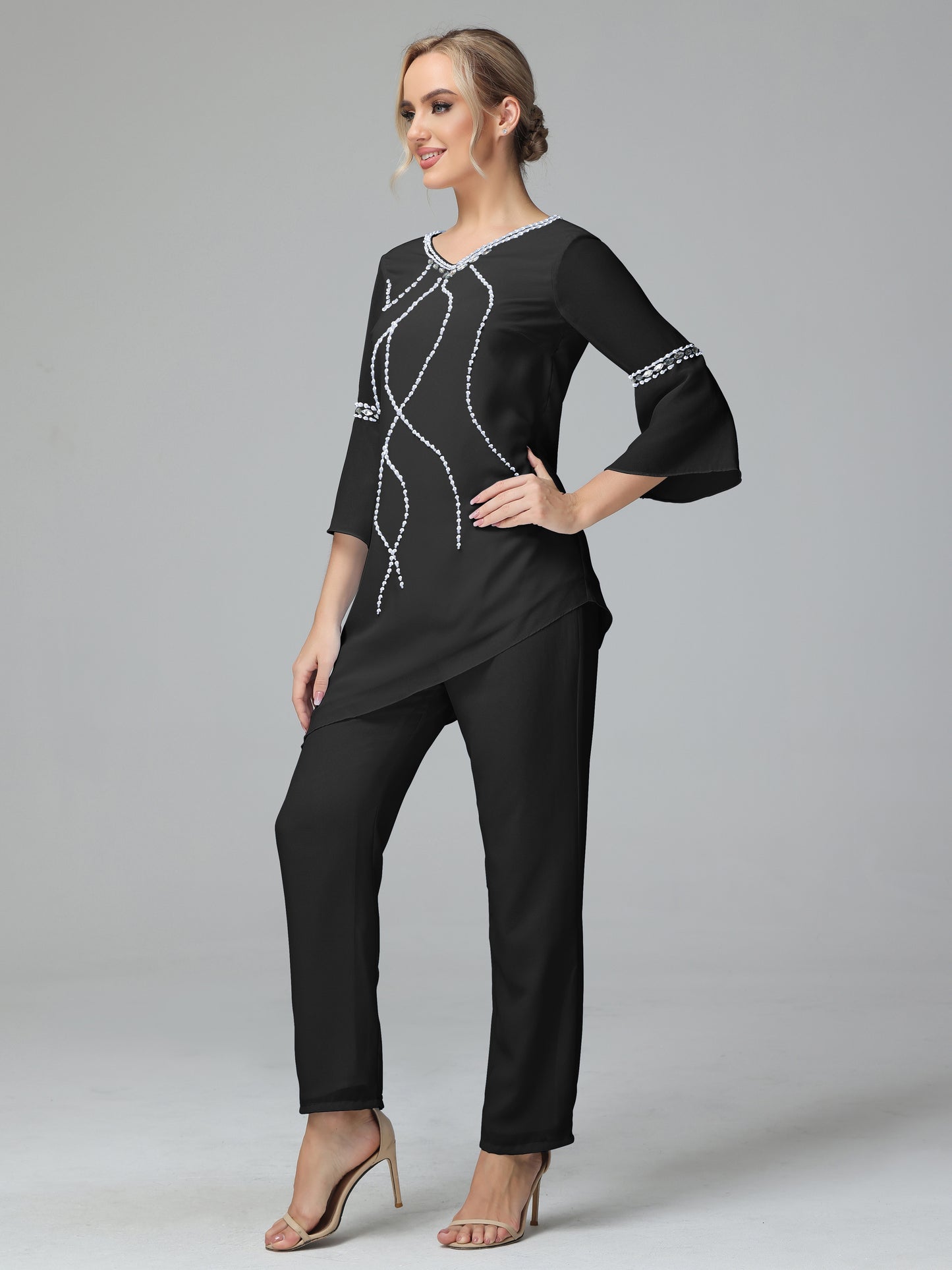 Chiffon Long Sleeves V Neck Mother Of The Bride Dress Pants Suits