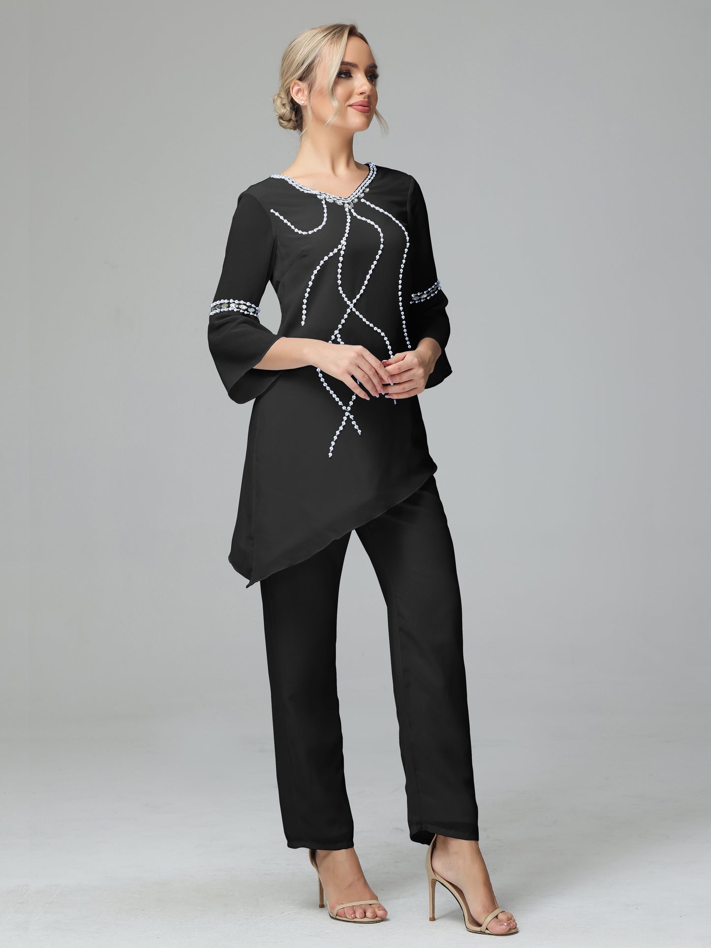 Chiffon Long Sleeves V Neck Mother Of The Bride Dress Pants Suits