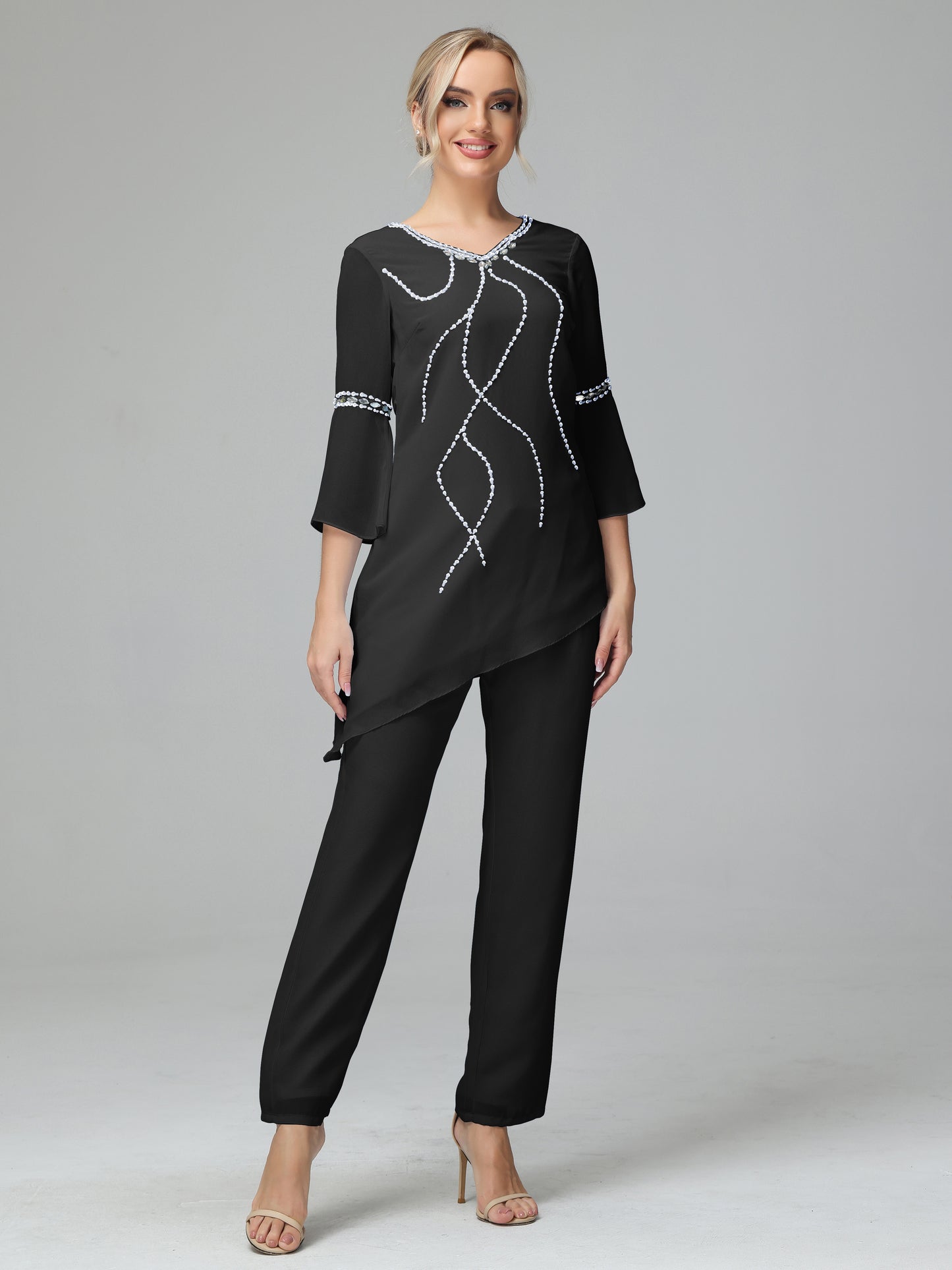 Chiffon Long Sleeves V Neck Mother Of The Bride Dress Pants Suits