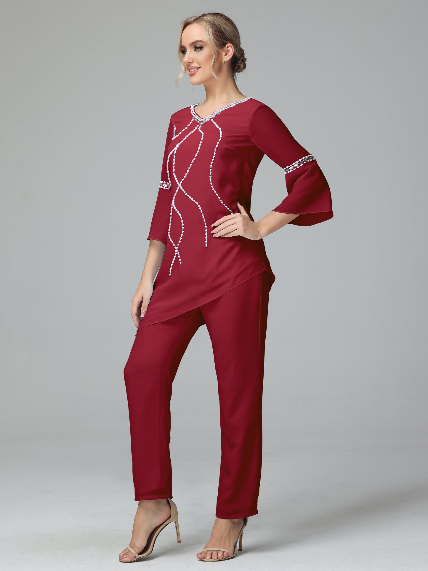 Chiffon Long Sleeves V Neck Mother Of The Bride Dress Pants Suits