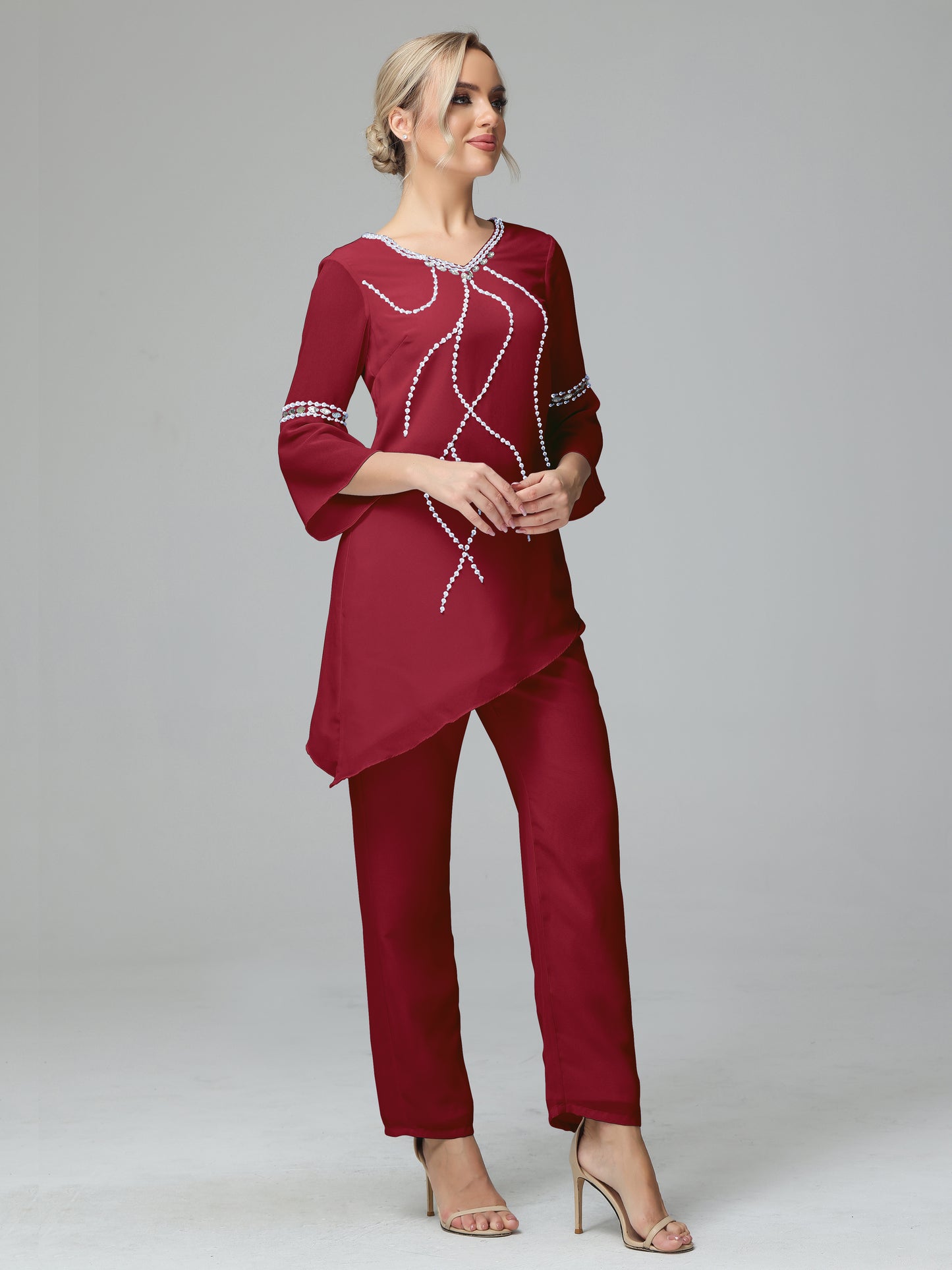 Chiffon Long Sleeves V Neck Mother Of The Bride Dress Pants Suits