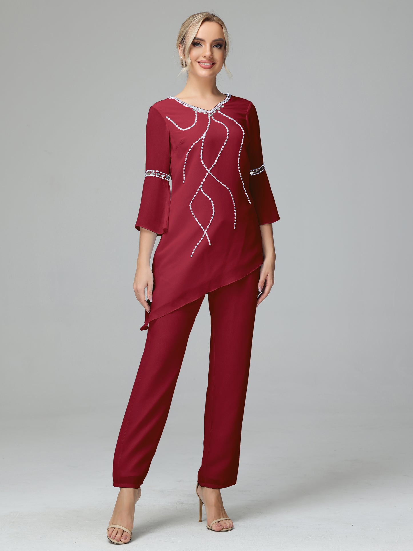 Chiffon Long Sleeves V Neck Mother Of The Bride Dress Pants Suits