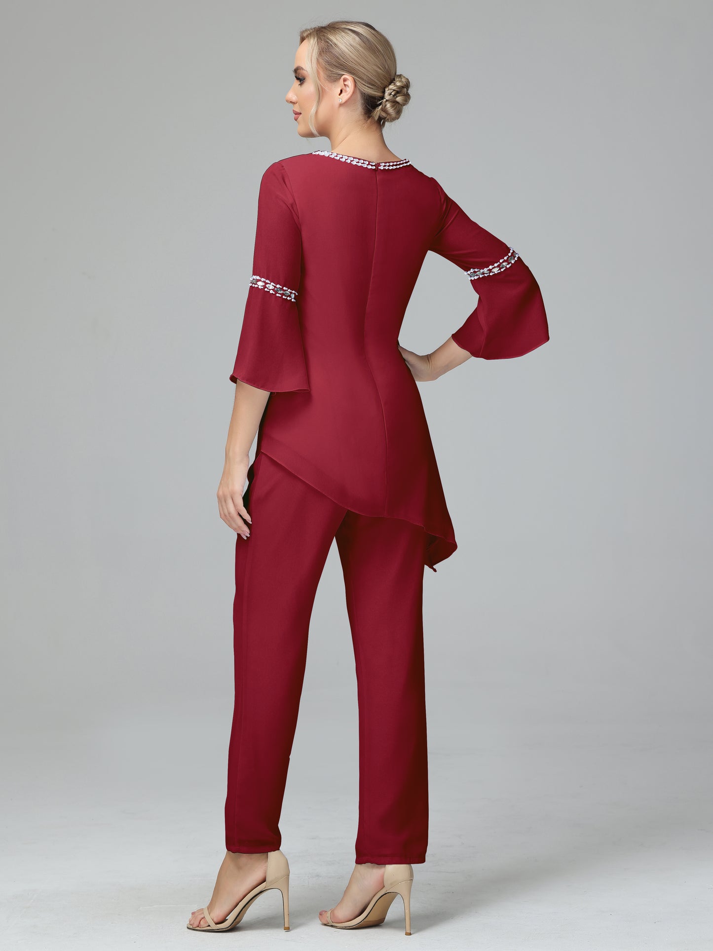 Chiffon Long Sleeves V Neck Mother Of The Bride Dress Pants Suits