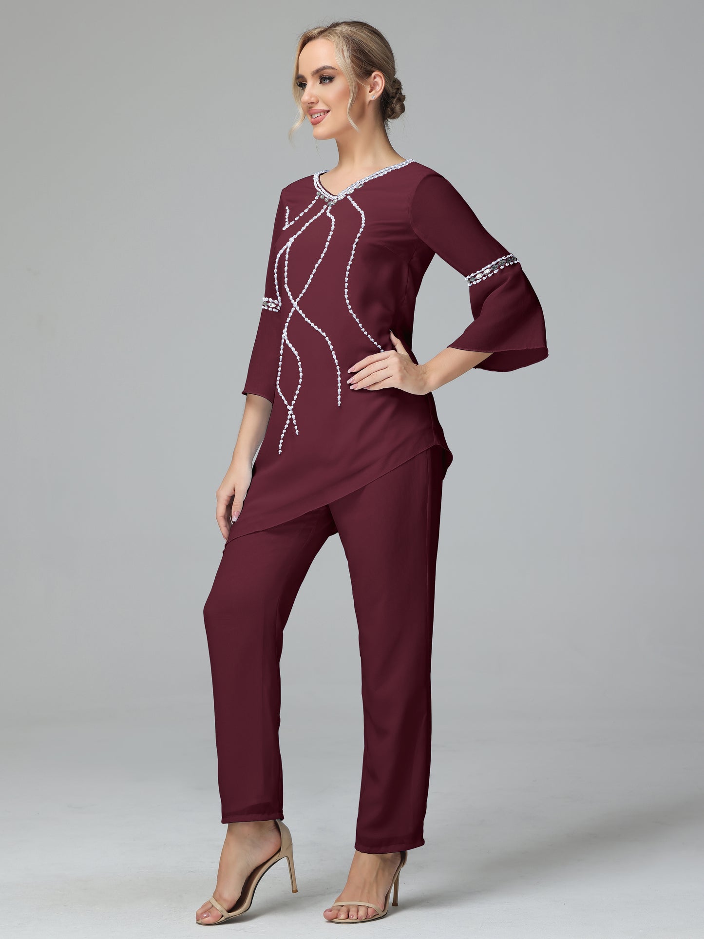 Chiffon Long Sleeves V Neck Mother Of The Bride Dress Pants Suits