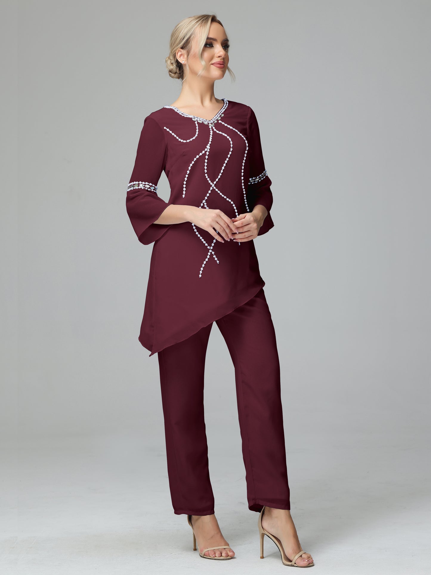 Chiffon Long Sleeves V Neck Mother Of The Bride Dress Pants Suits