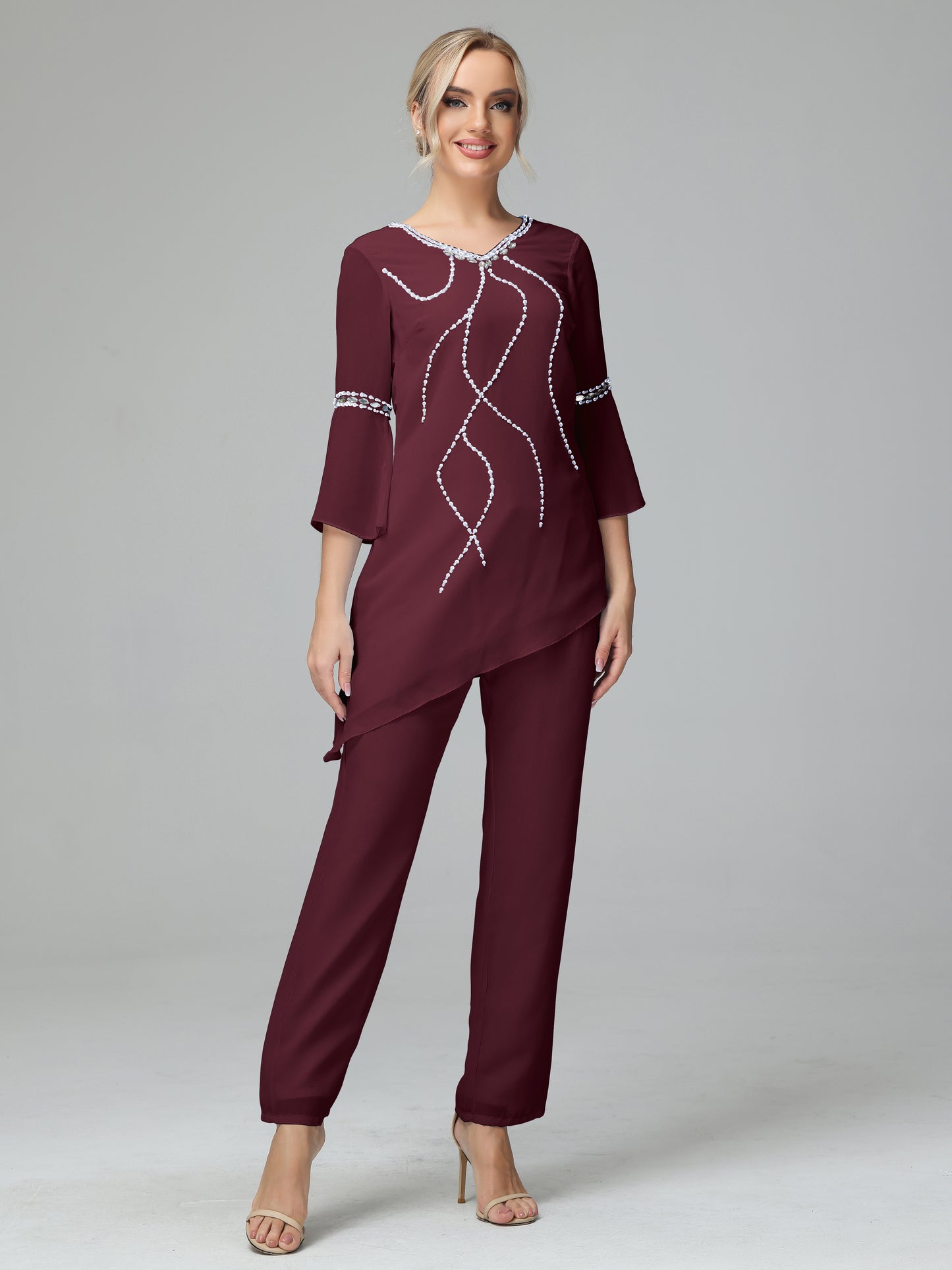 Chiffon Long Sleeves V Neck Mother Of The Bride Dress Pants Suits