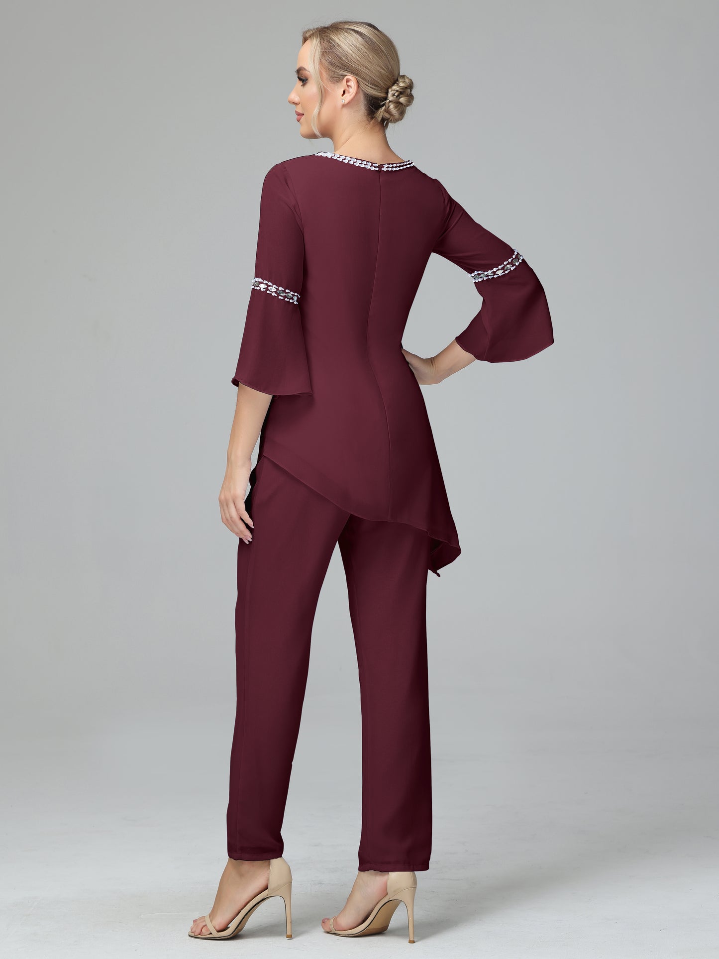 Chiffon Long Sleeves V Neck Mother Of The Bride Dress Pants Suits