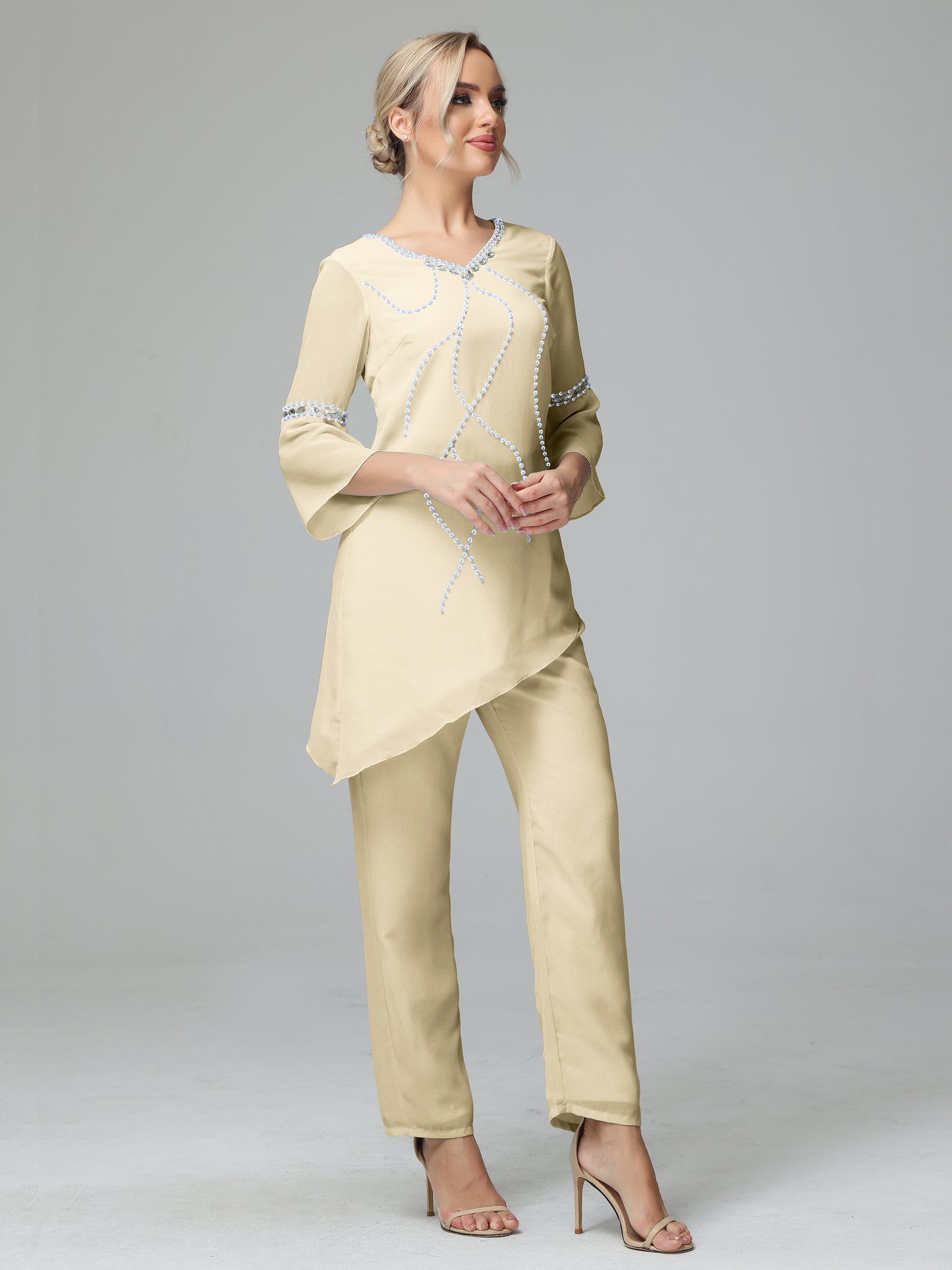 Chiffon Long Sleeves V Neck Mother Of The Bride Dress Pants Suits