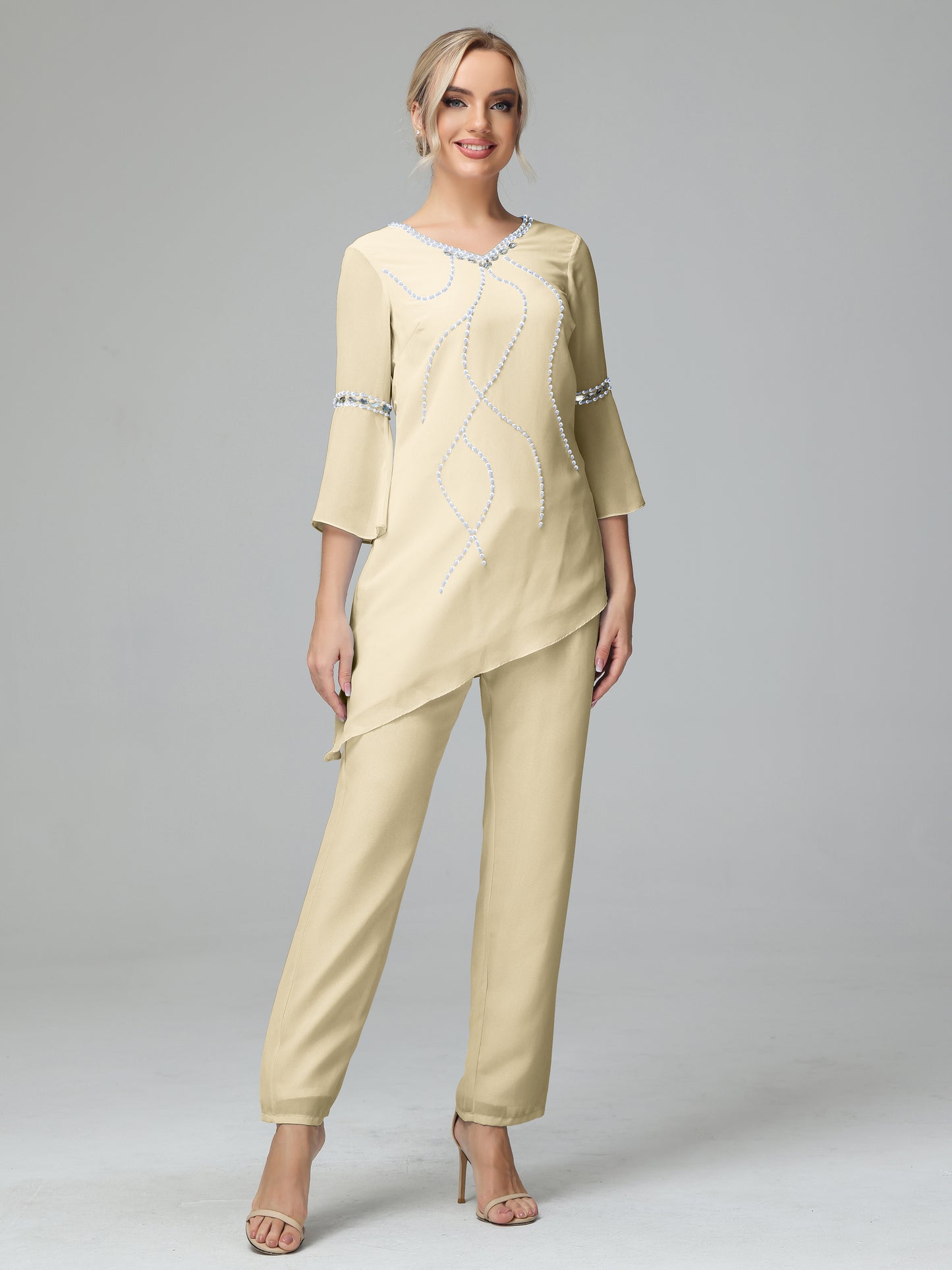 Chiffon Long Sleeves V Neck Mother Of The Bride Dress Pants Suits