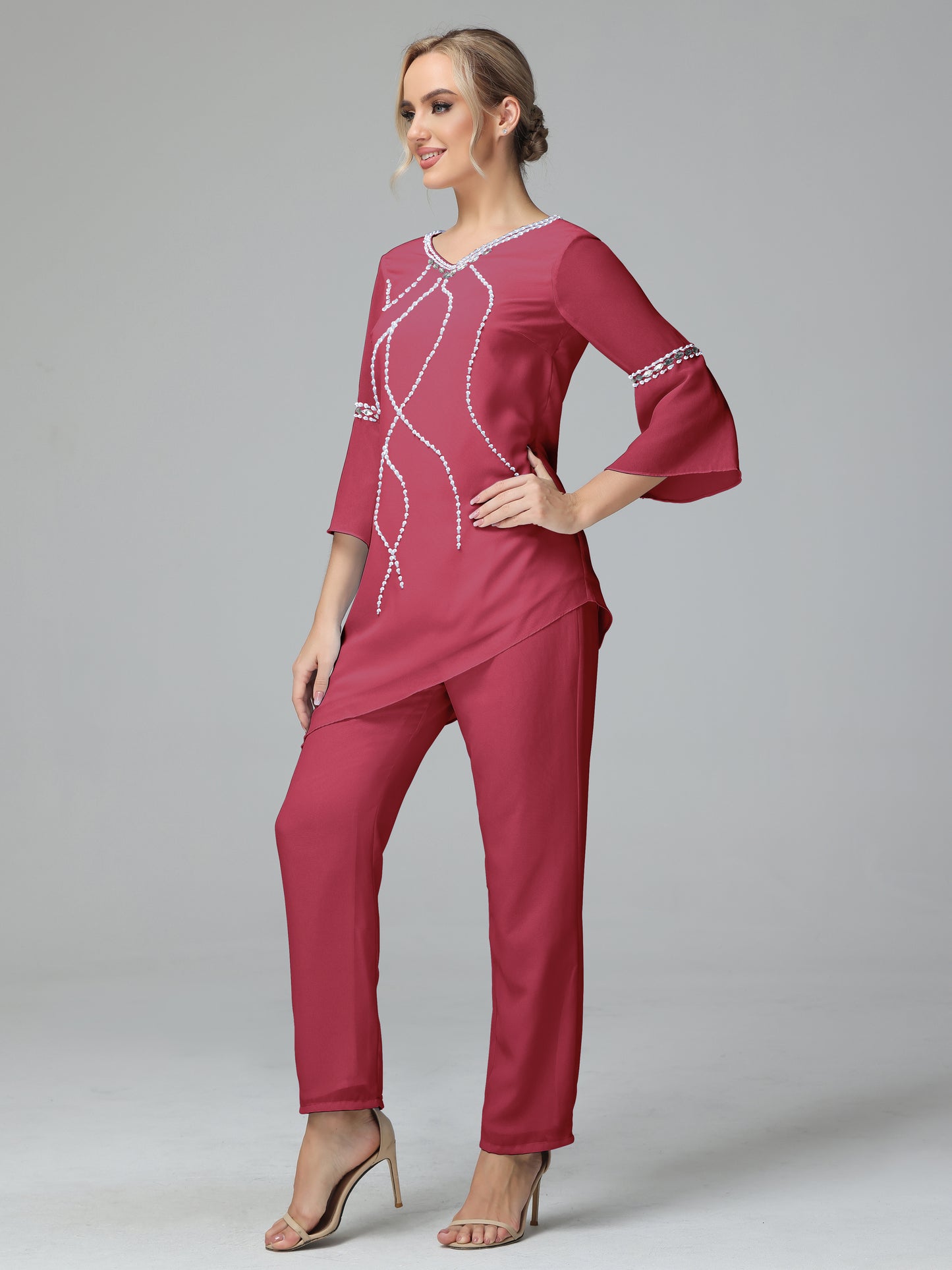 Chiffon Long Sleeves V Neck Mother Of The Bride Dress Pants Suits