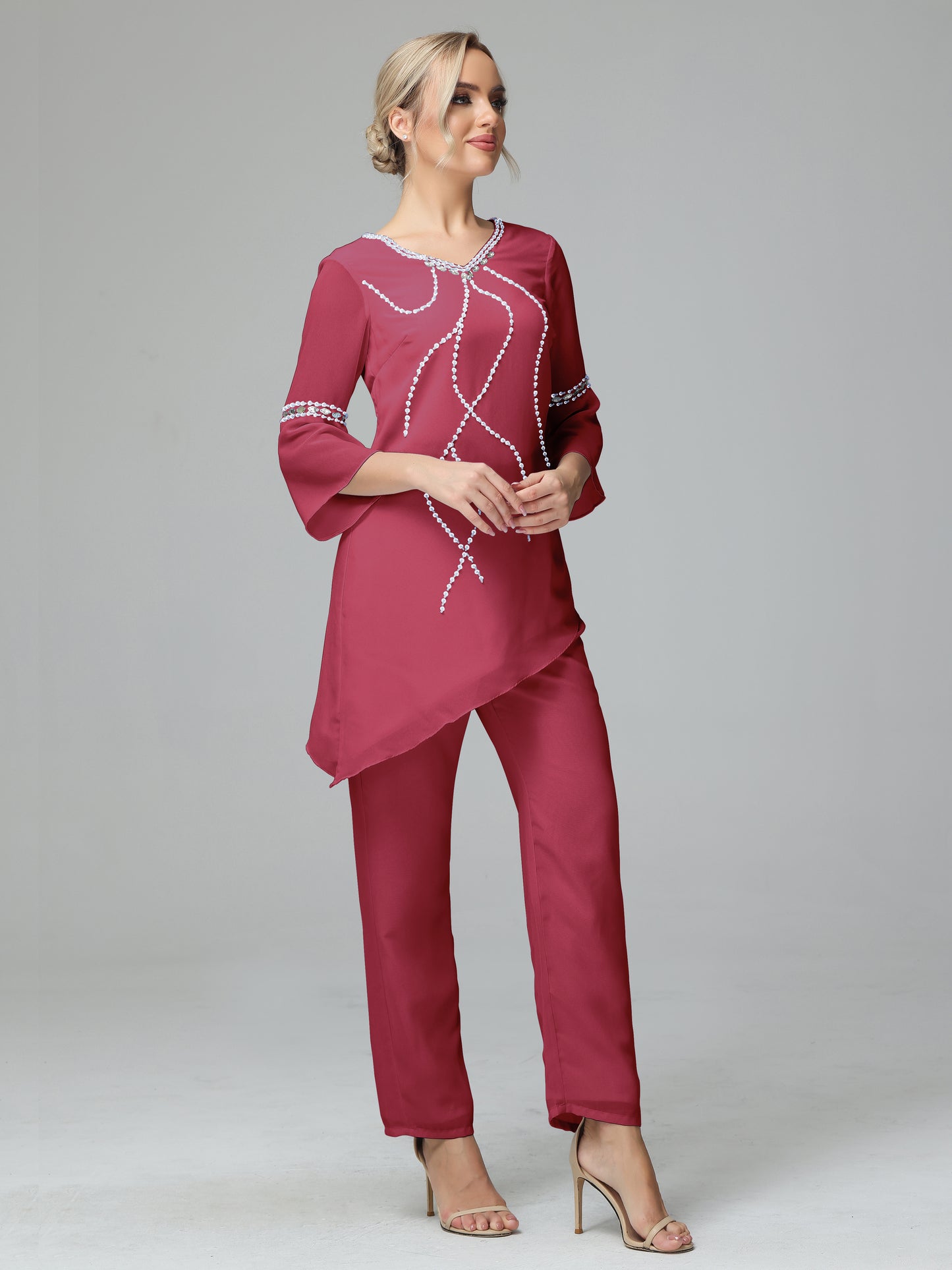 Chiffon Long Sleeves V Neck Mother Of The Bride Dress Pants Suits