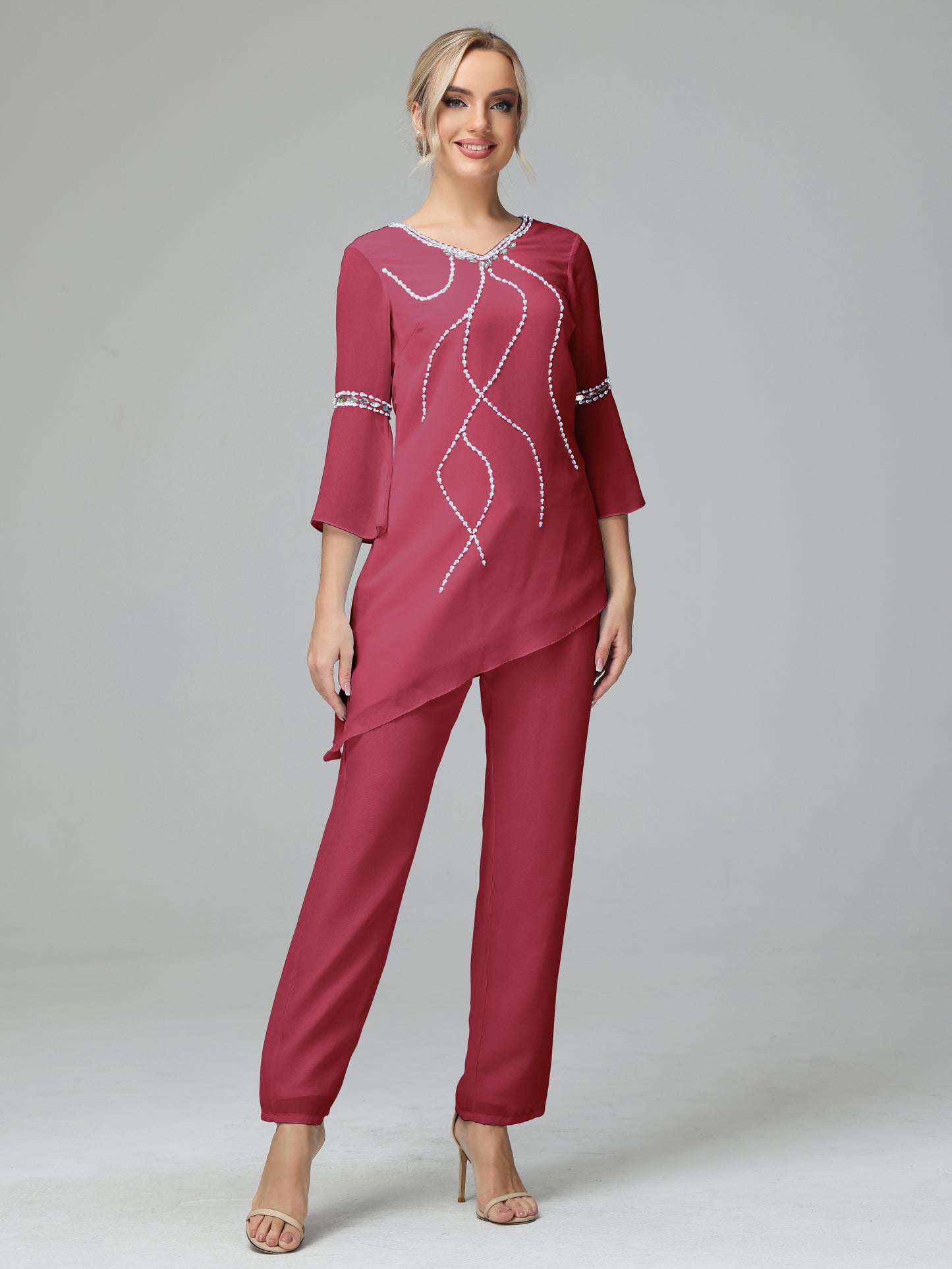Chiffon Long Sleeves V Neck Mother Of The Bride Dress Pants Suits