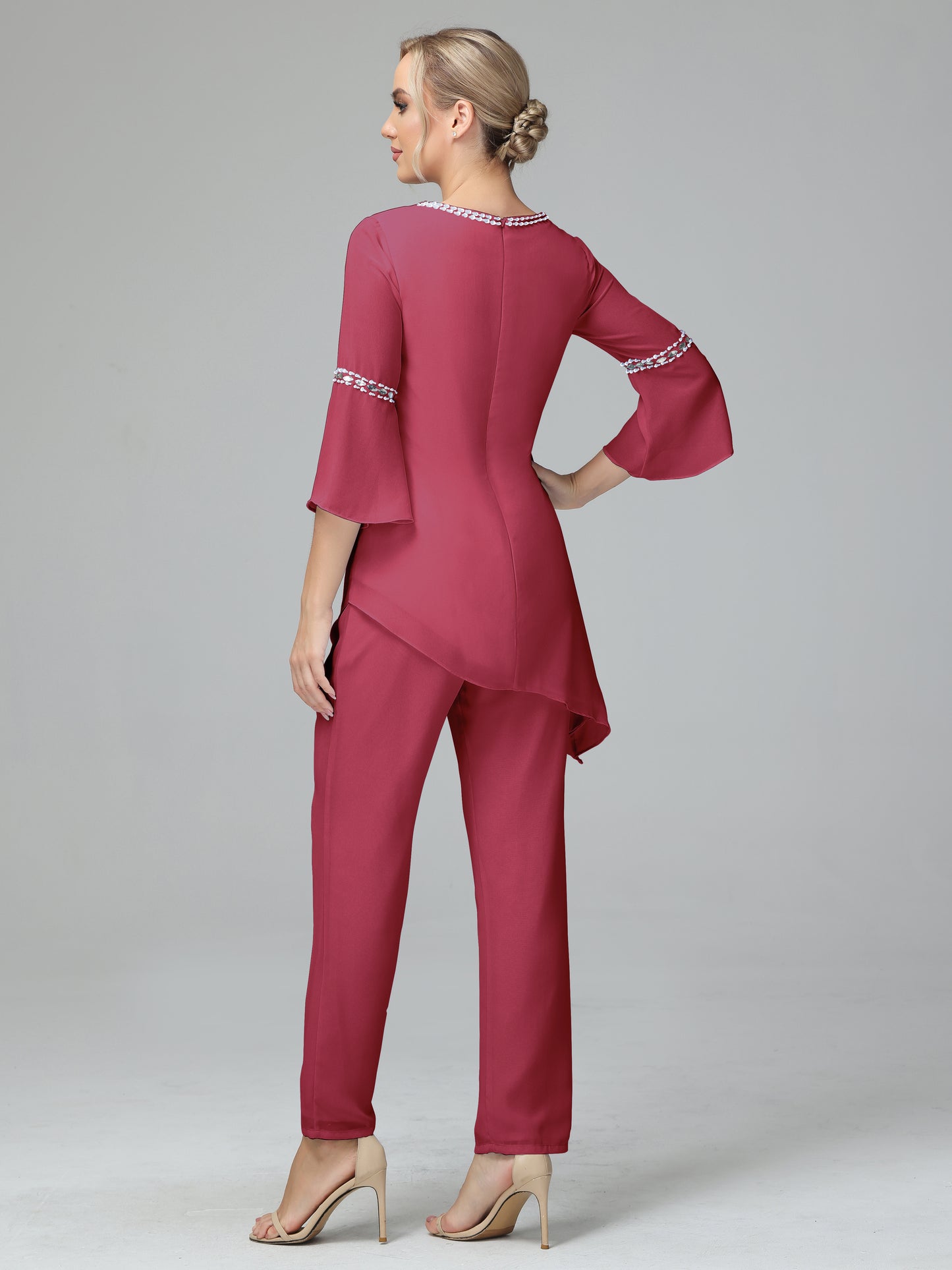Chiffon Long Sleeves V Neck Mother Of The Bride Dress Pants Suits