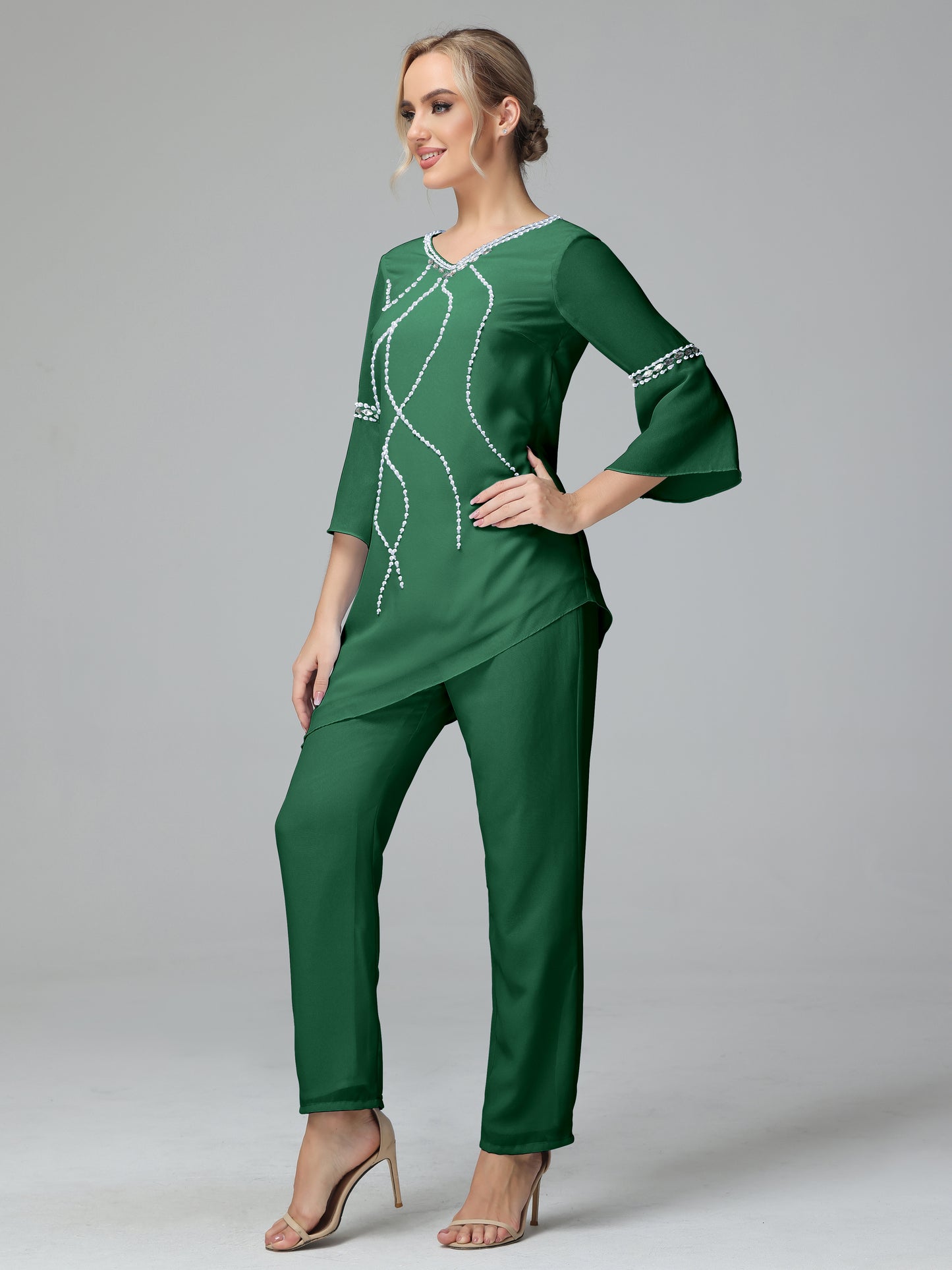 Chiffon Long Sleeves V Neck Mother Of The Bride Dress Pants Suits