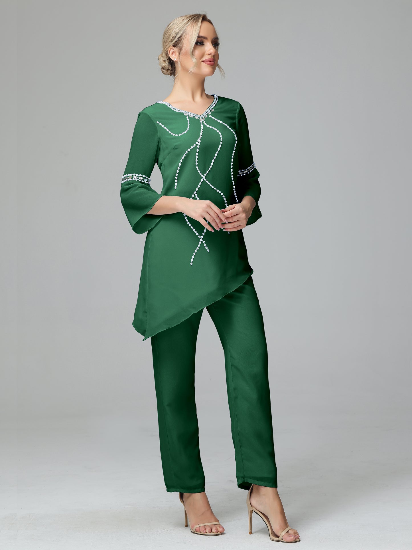 Chiffon Long Sleeves V Neck Mother Of The Bride Dress Pants Suits