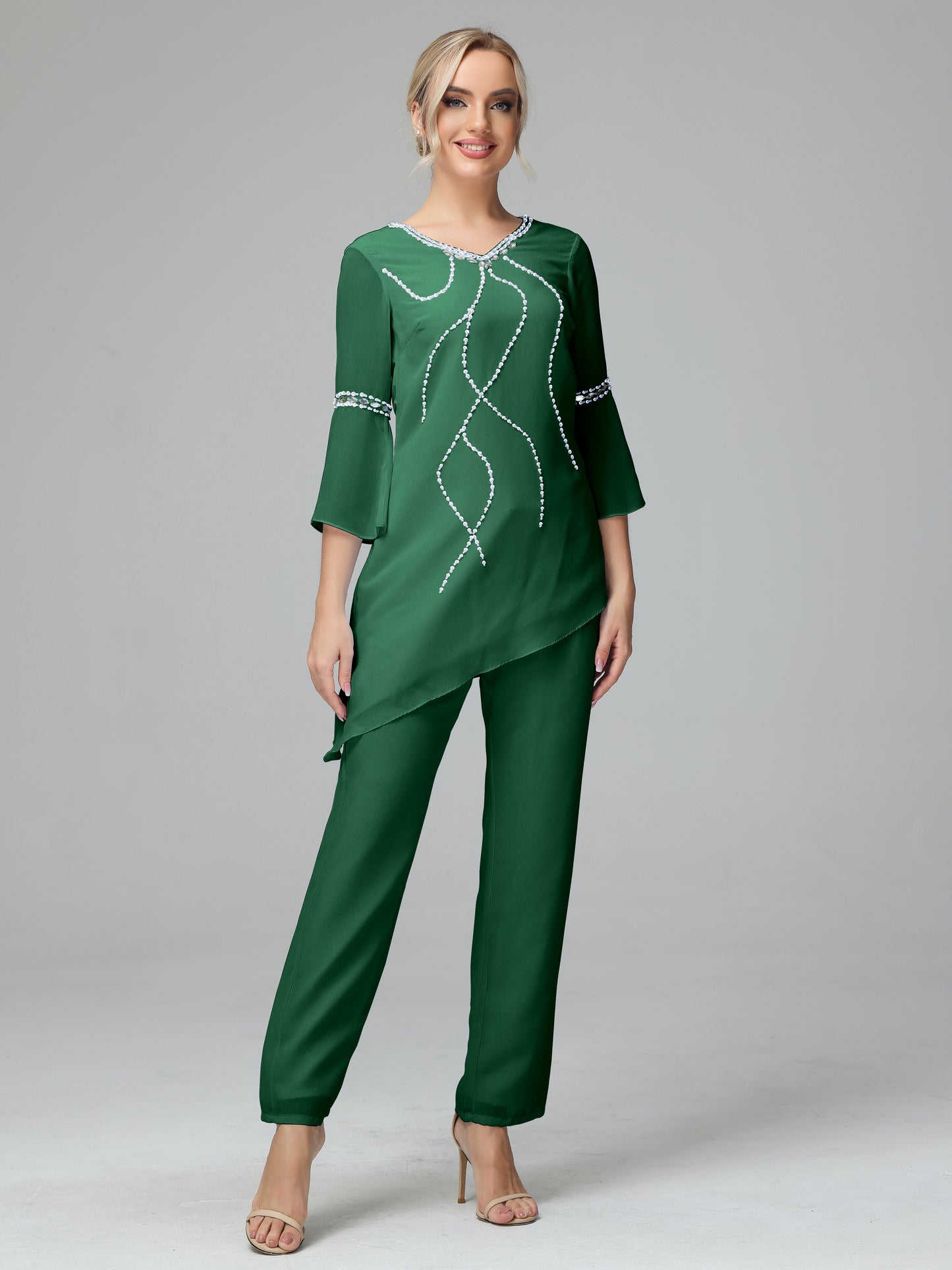 Chiffon Long Sleeves V Neck Mother Of The Bride Dress Pants Suits