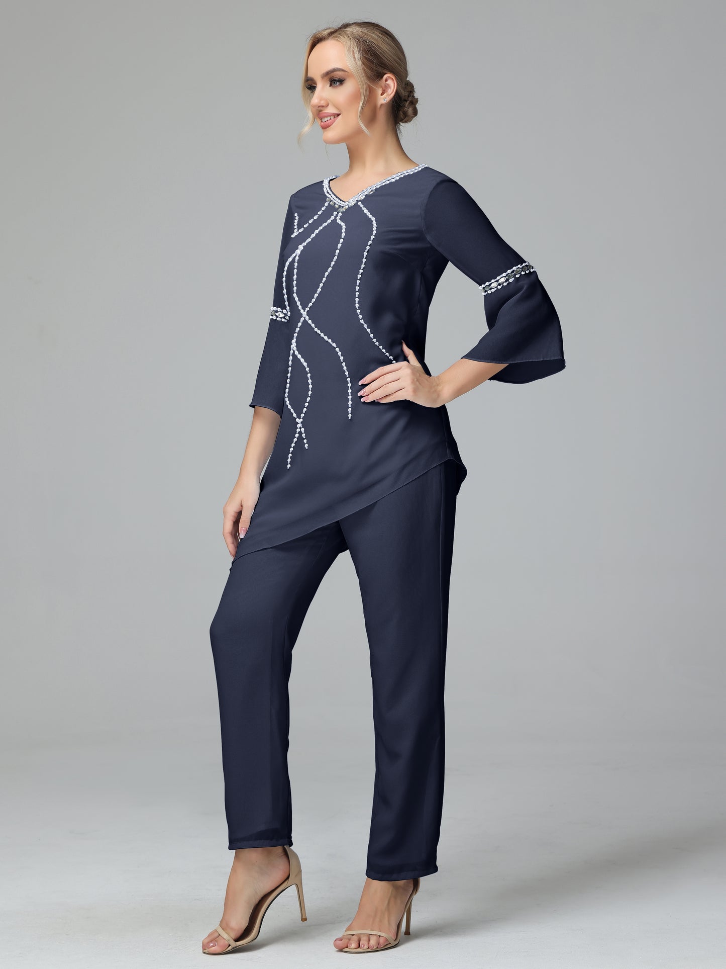 Chiffon Long Sleeves V Neck Mother Of The Bride Dress Pants Suits
