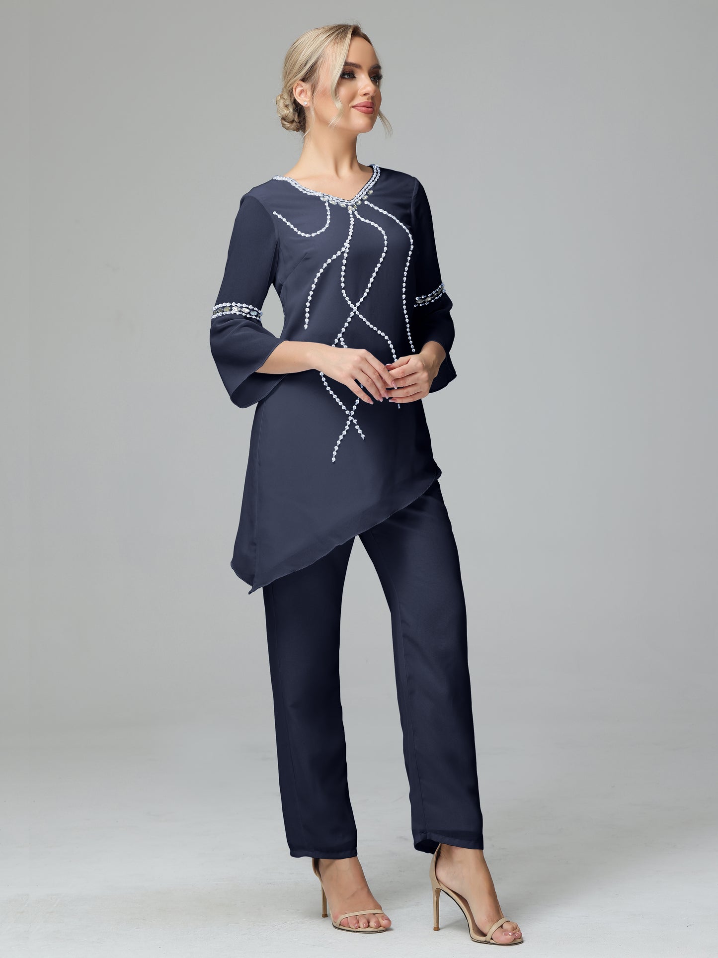 Chiffon Long Sleeves V Neck Mother Of The Bride Dress Pants Suits