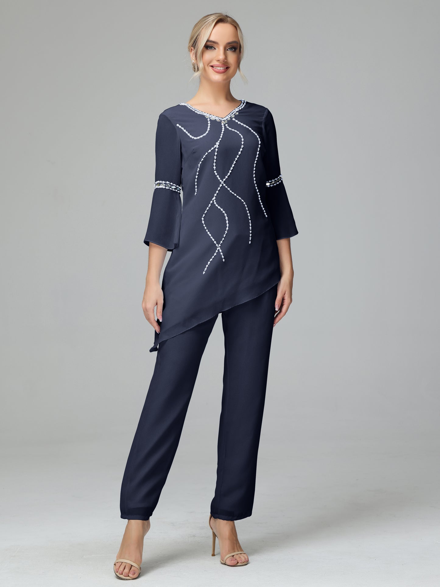 Chiffon Long Sleeves V Neck Mother Of The Bride Dress Pants Suits