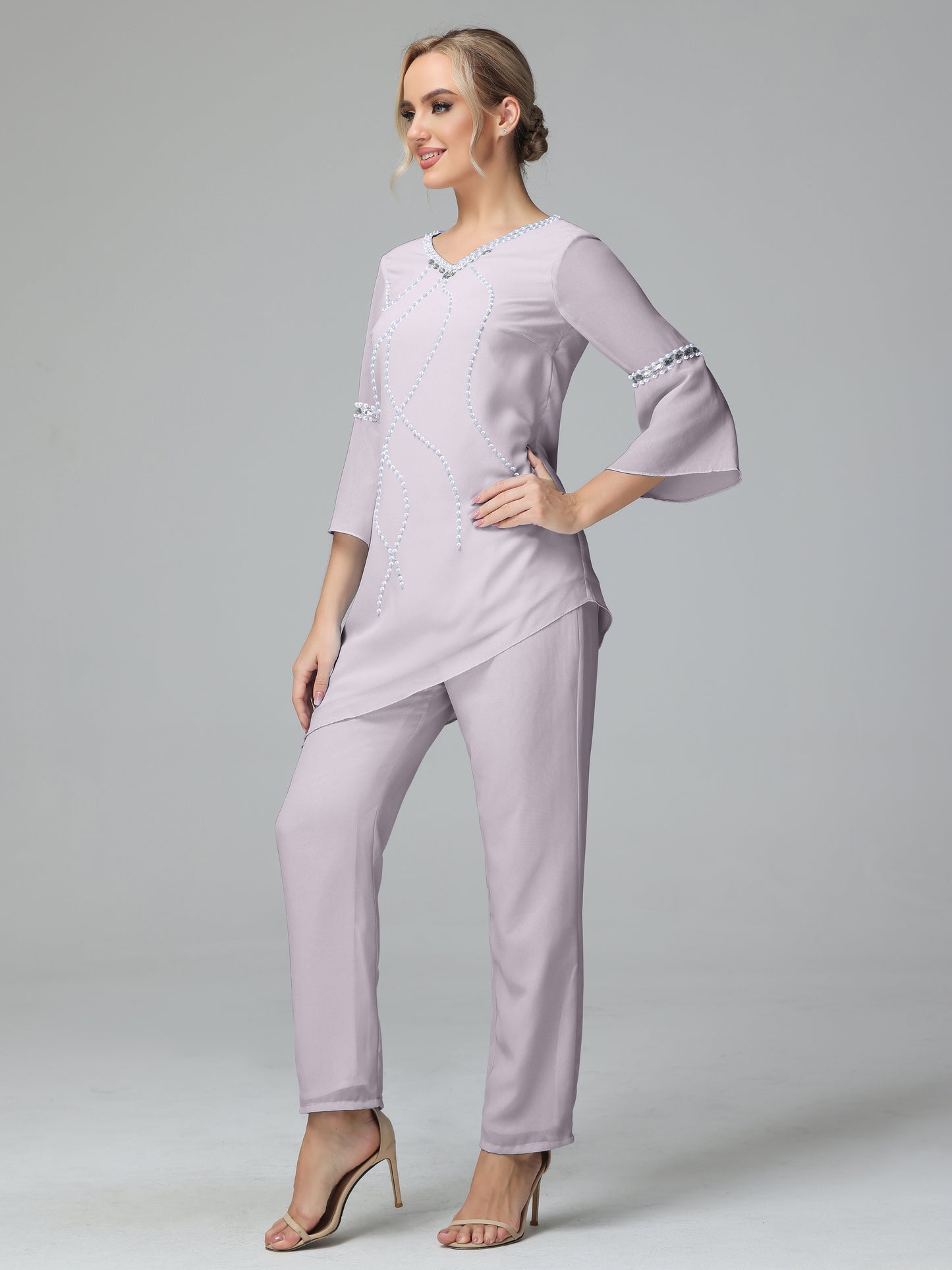 Chiffon Long Sleeves V Neck Mother Of The Bride Dress Pants Suits
