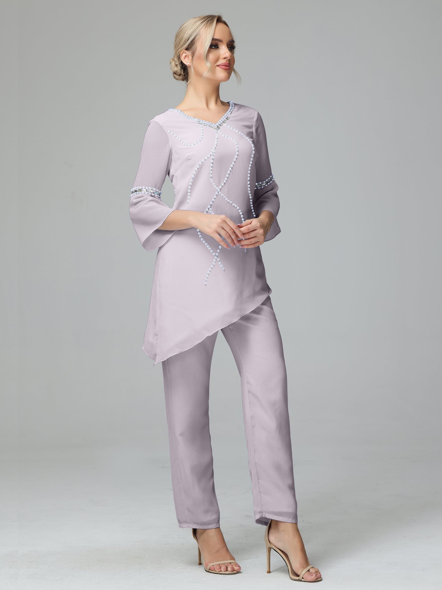 Chiffon Long Sleeves V Neck Mother Of The Bride Dress Pants Suits