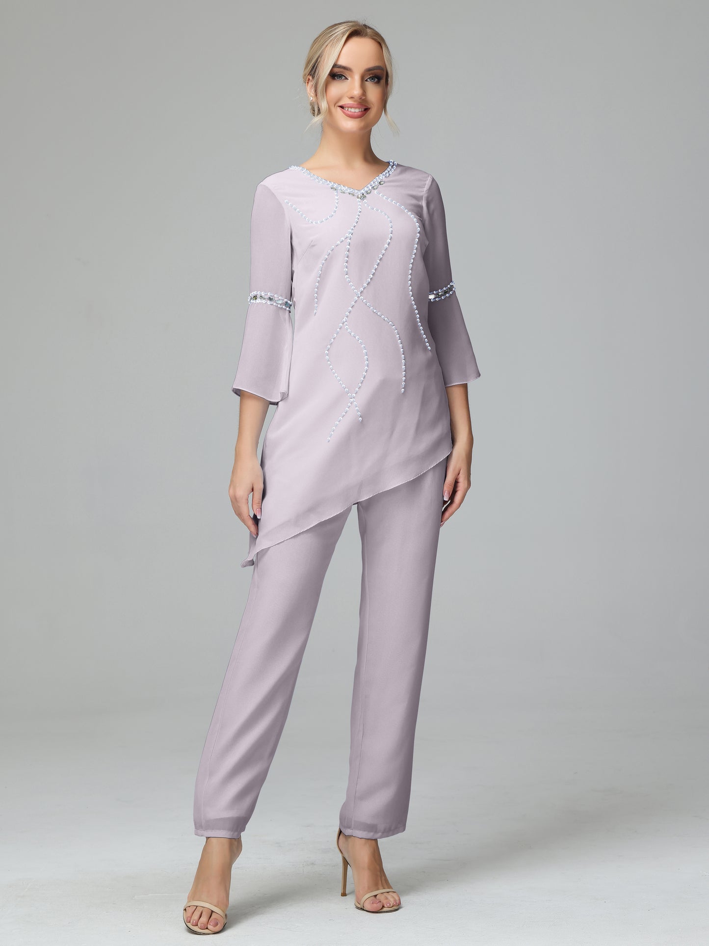 Chiffon Long Sleeves V Neck Mother Of The Bride Dress Pants Suits