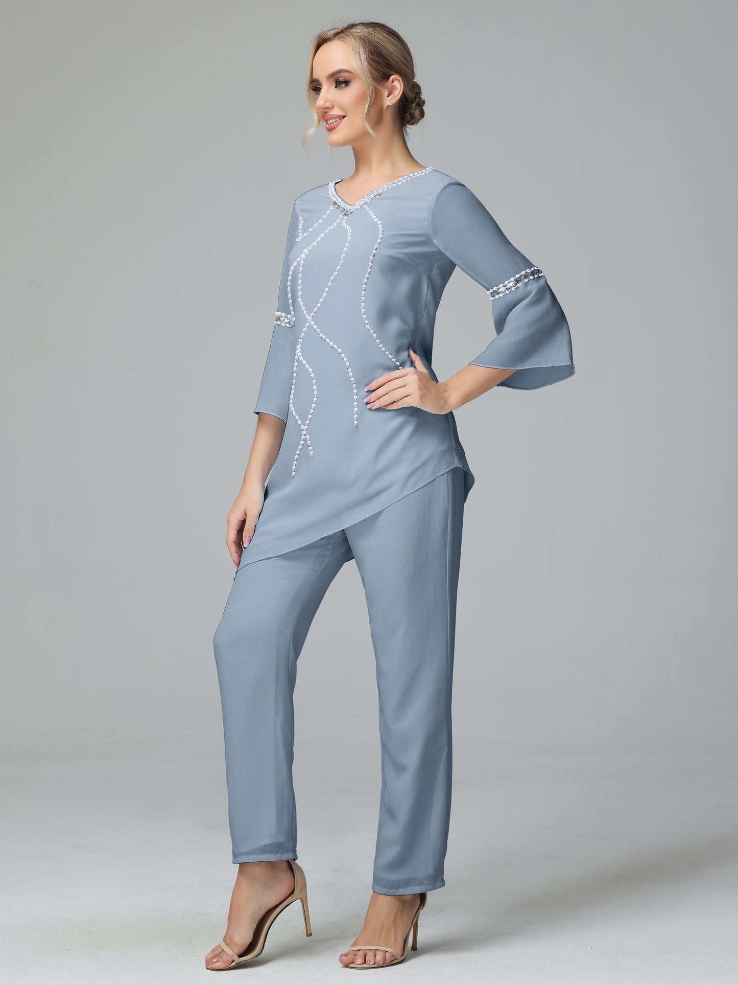 Chiffon Long Sleeves V Neck Mother Of The Bride Dress Pants Suits