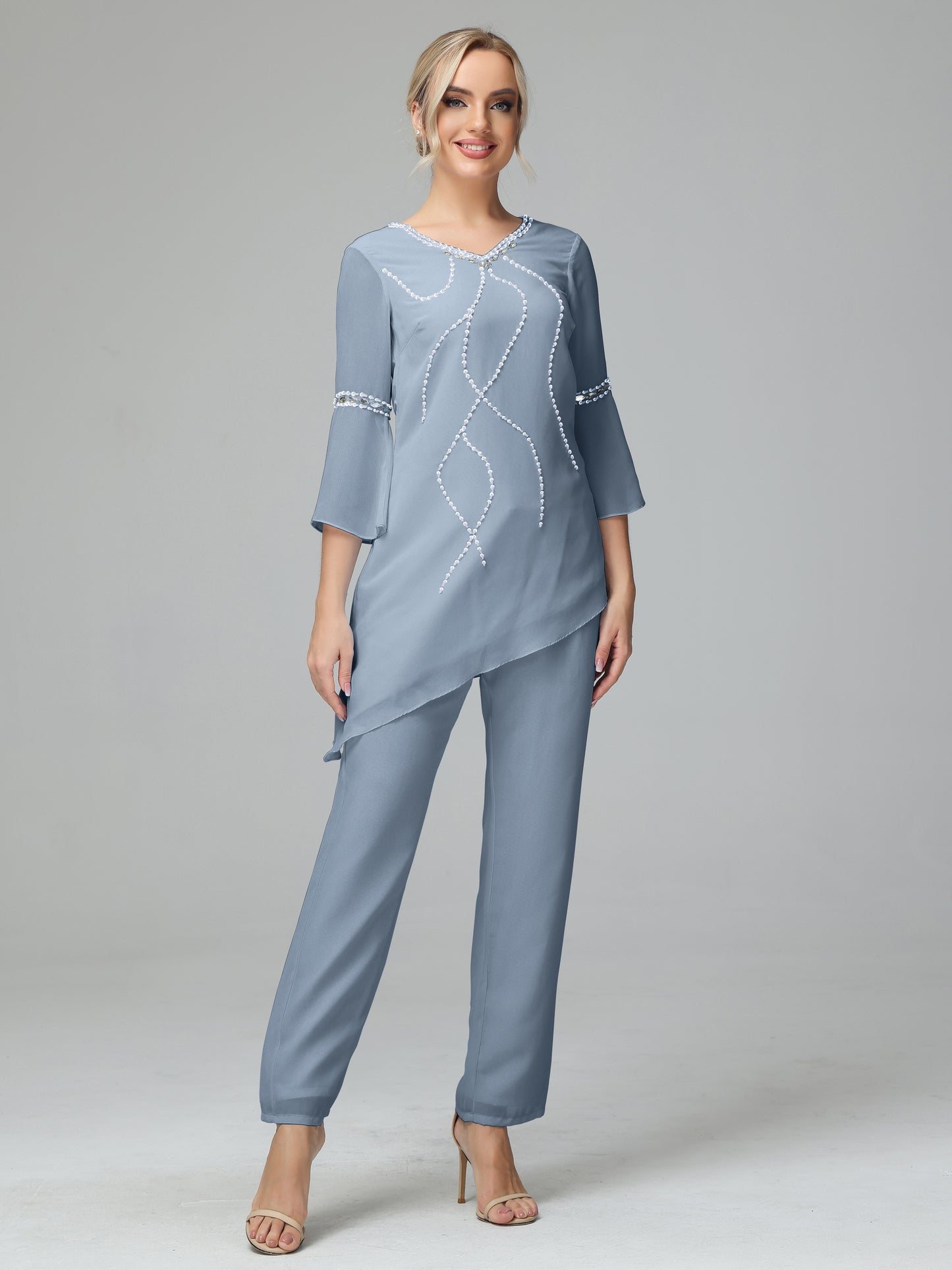 Chiffon Long Sleeves V Neck Mother Of The Bride Dress Pants Suits